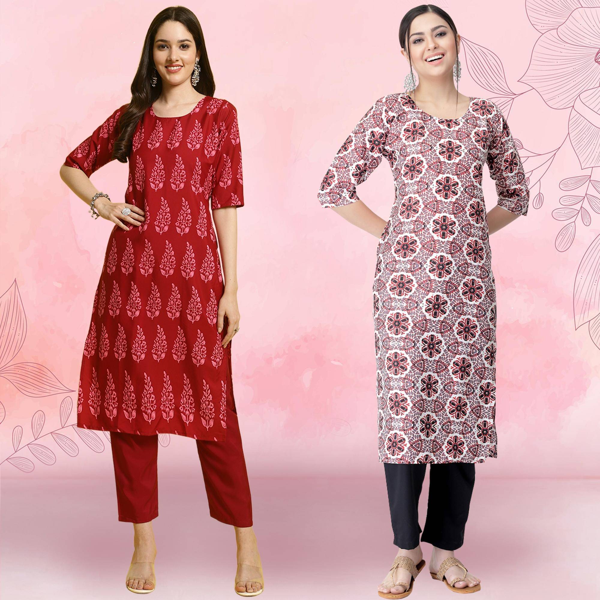     			Ethnicbasket Crepe Printed Kurti With Pants Women's Stitched Salwar Suit - Pink ( Pack of 2 )