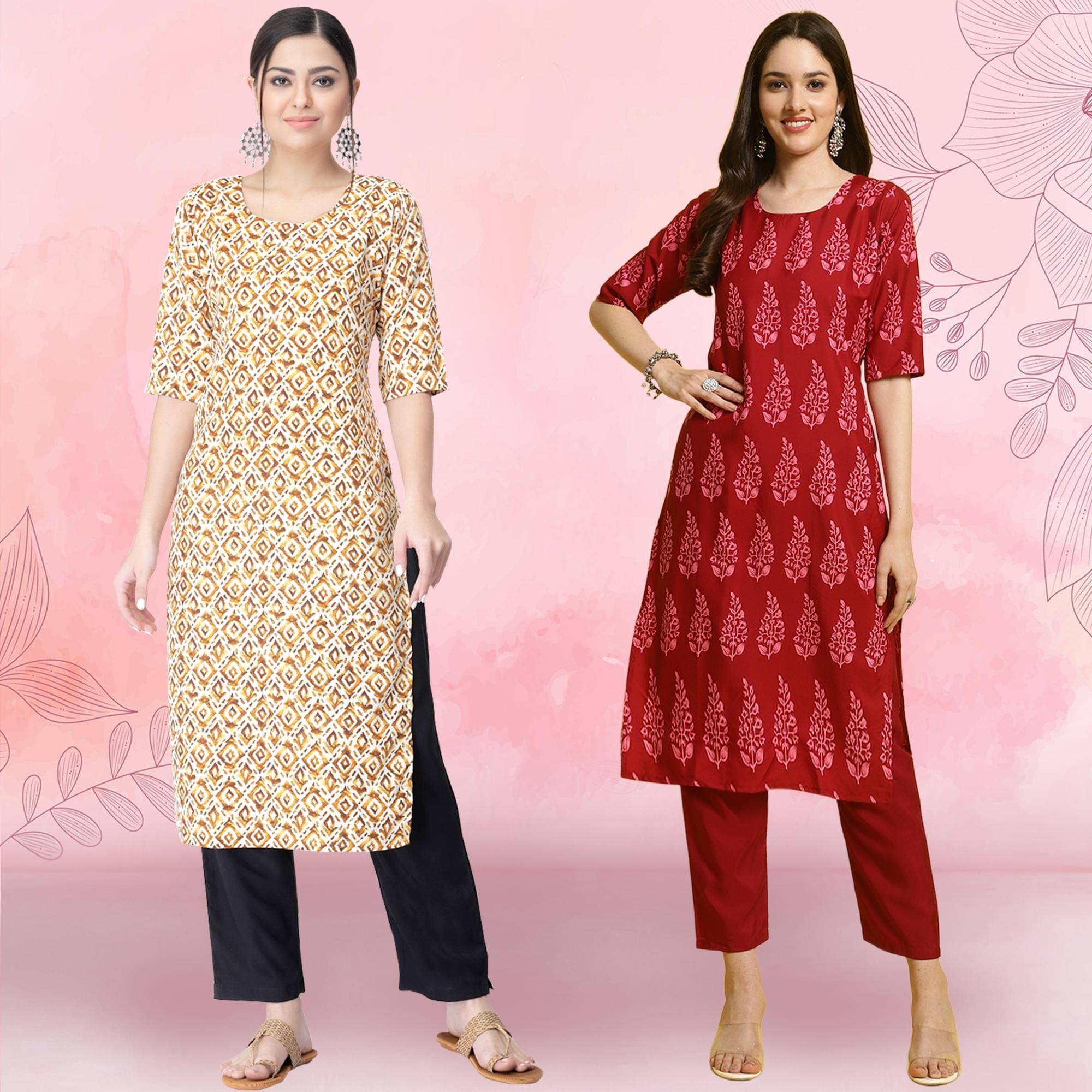 Ethnicbasket Crepe Printed Kurti With Pants Women's Stitched Salwar Suit - Red ( Pack of 2 ) Ethnicbasket Crepe Printed Kurti With Pants Women's Stitched Salwar Suit - Red ( Pack of 2 )