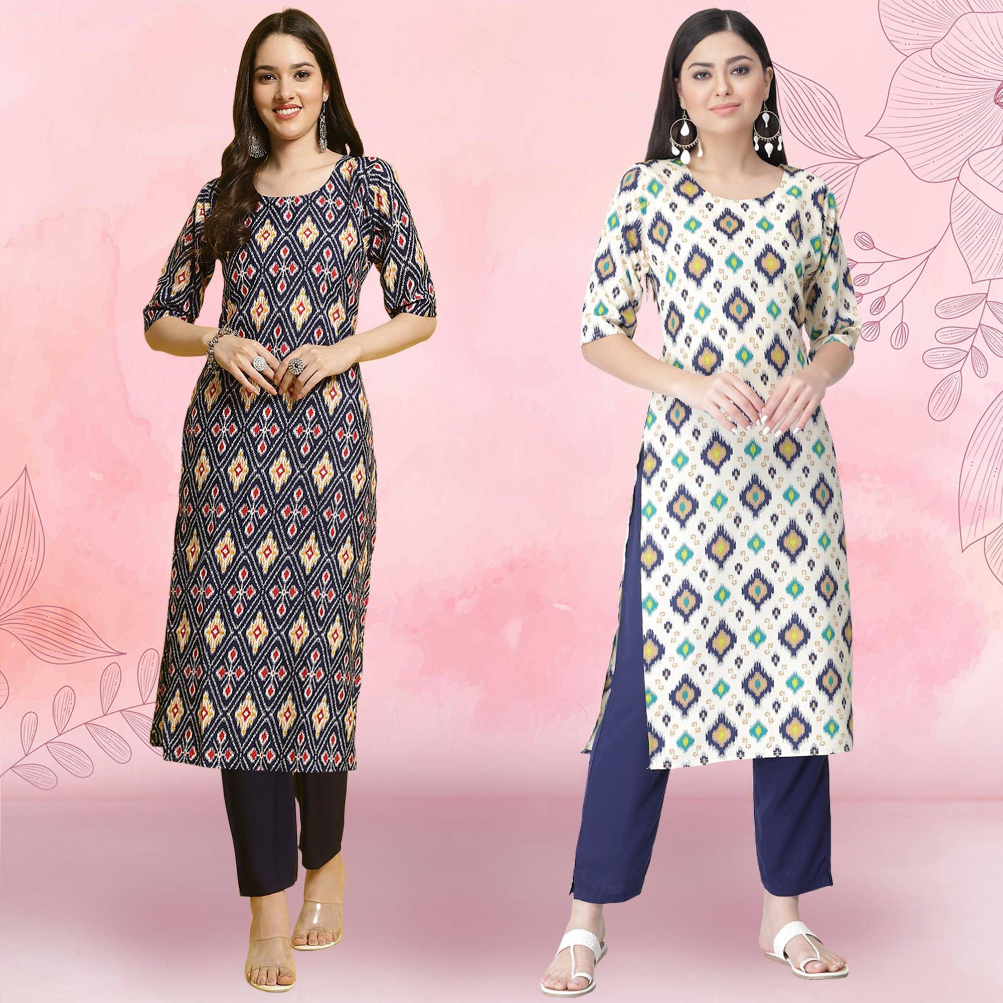     			Ethnicbasket Crepe Printed Kurti With Pants Women's Stitched Salwar Suit - White ( Pack of 2 )