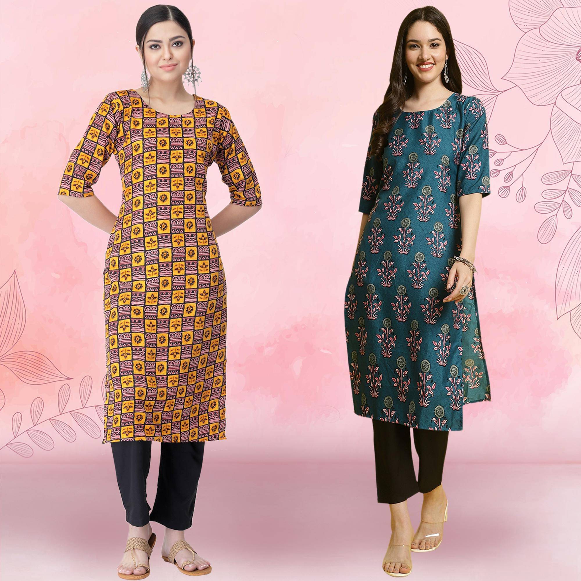 Ethnicbasket Crepe Printed Kurti With Pants Women's Stitched Salwar Suit - Teal ( Pack of 2 )     			Ethnicbasket Crepe Printed Kurti With Pants Women's Stitched Salwar Suit - Teal ( Pack of 2 )