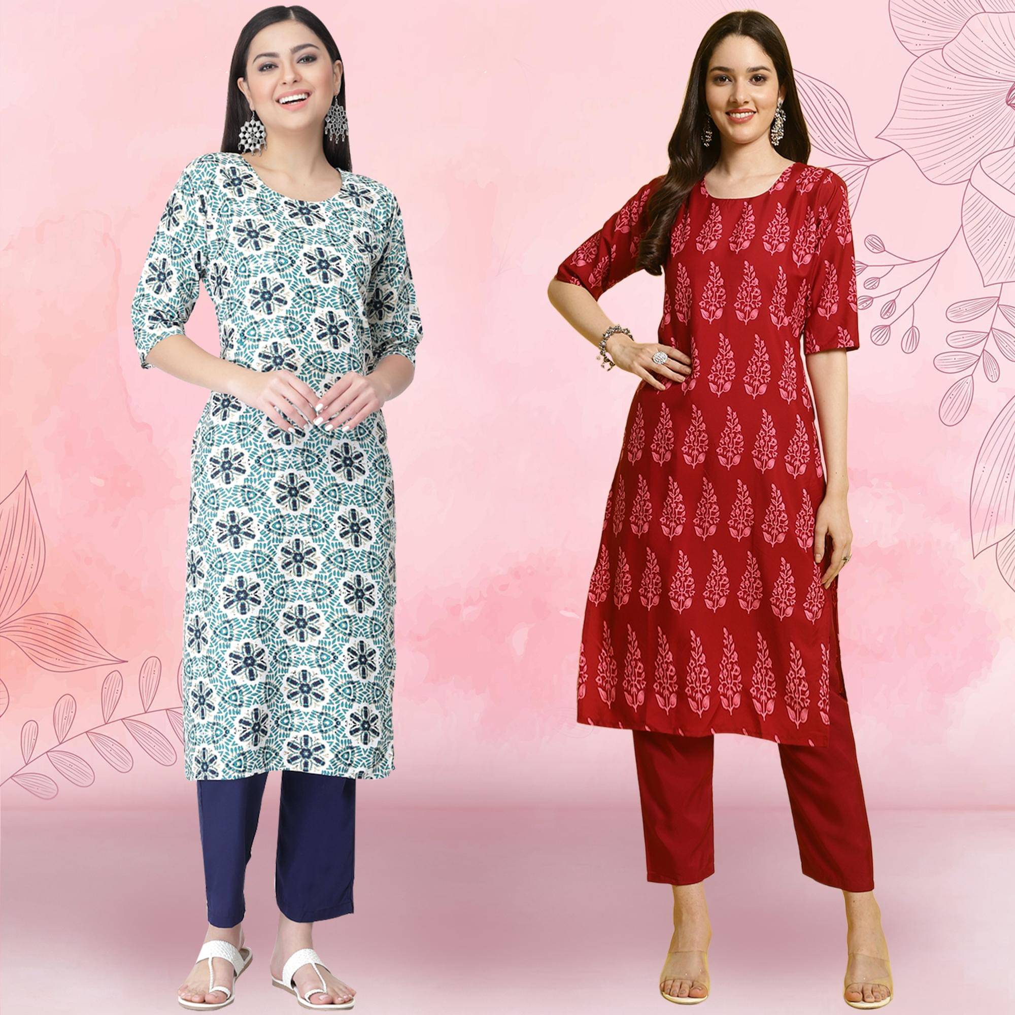     			Ethnicbasket Crepe Printed Kurti With Pants Women's Stitched Salwar Suit - Red ( Pack of 2 )