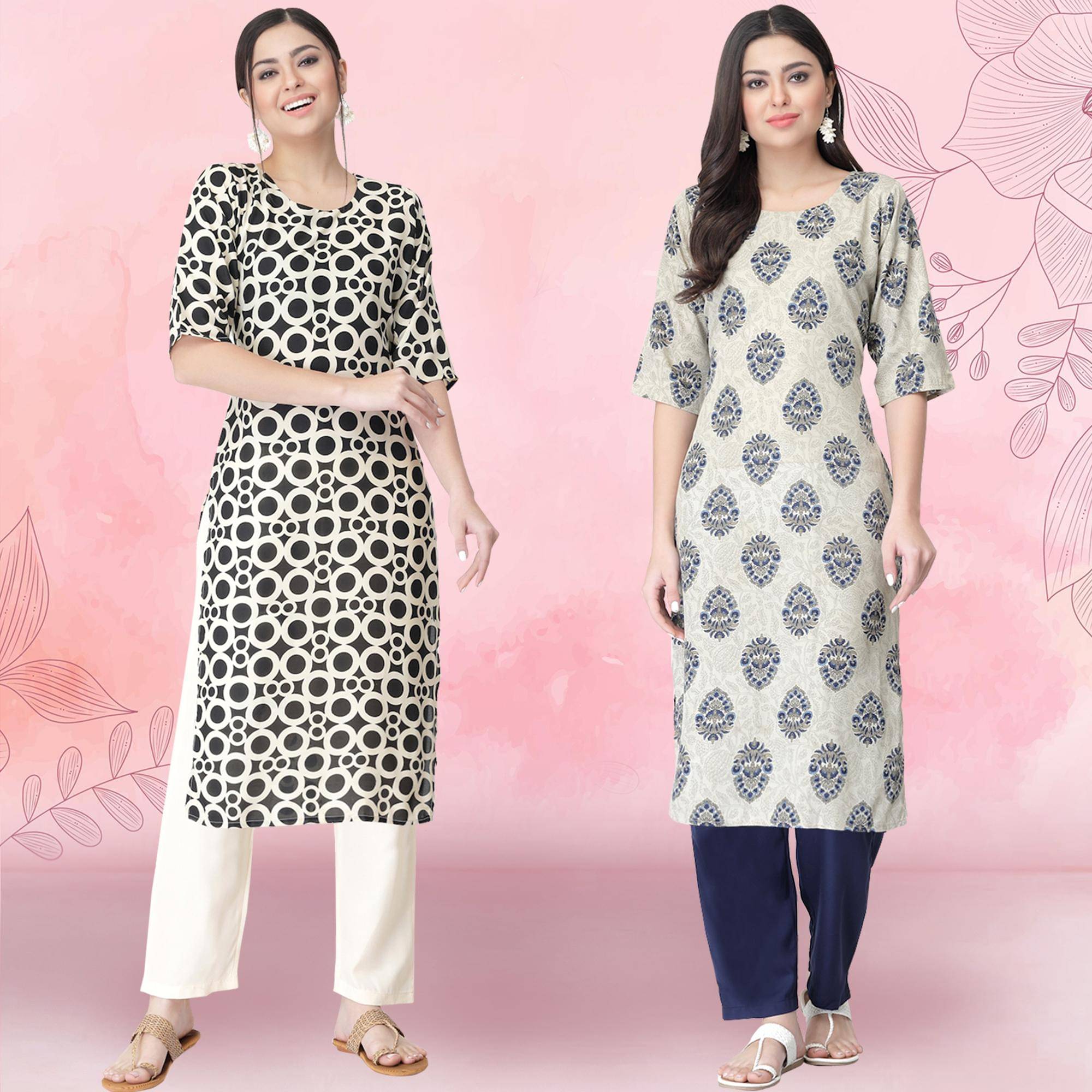 Ethnicbasket Crepe Printed Kurti With Pants Women's Stitched Salwar Suit - Grey ( Pack of 2 )     			Ethnicbasket Crepe Printed Kurti With Pants Women's Stitched Salwar Suit - Grey ( Pack of 2 )