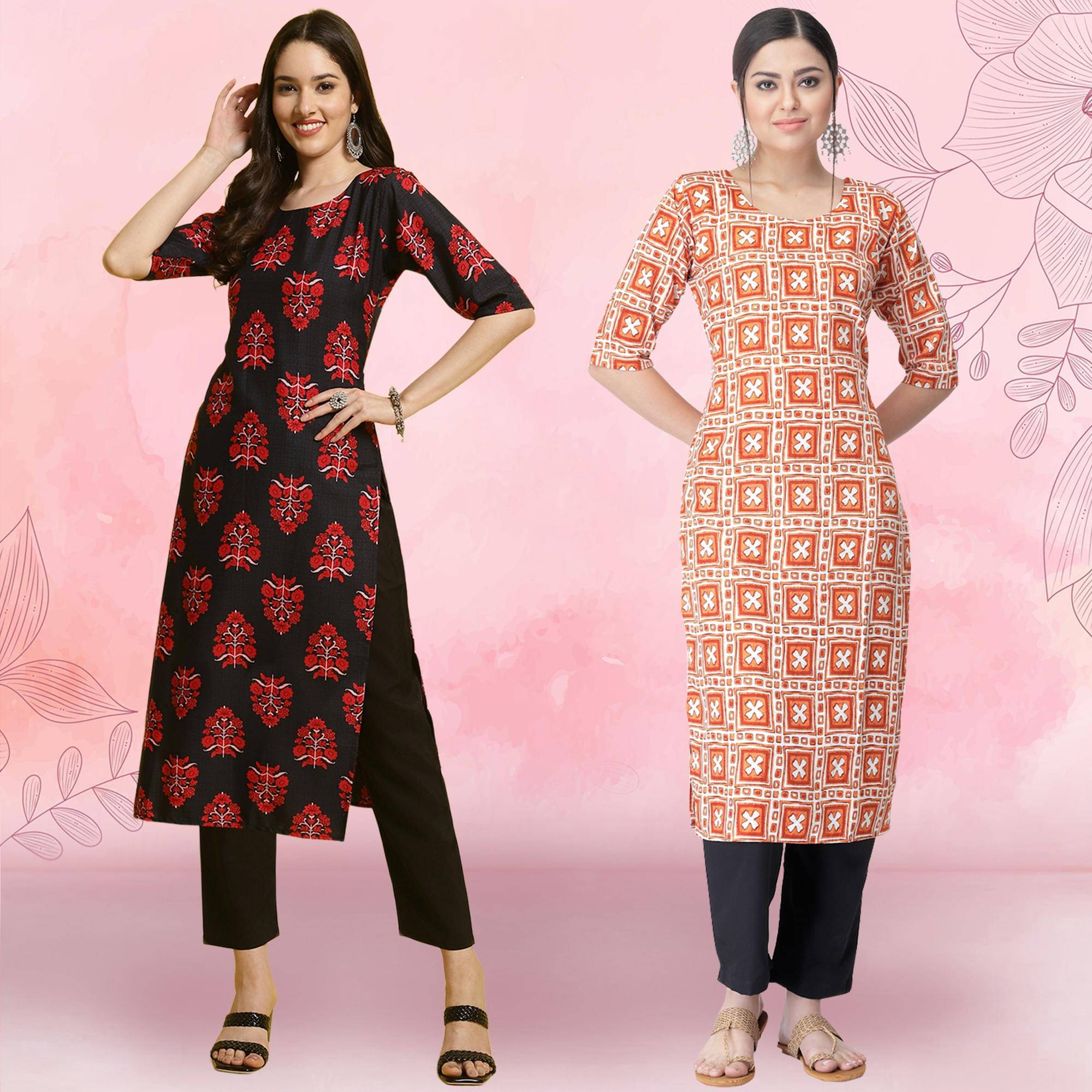     			Ethnicbasket Crepe Printed Kurti With Pants Women's Stitched Salwar Suit - Orange ( Pack of 2 )