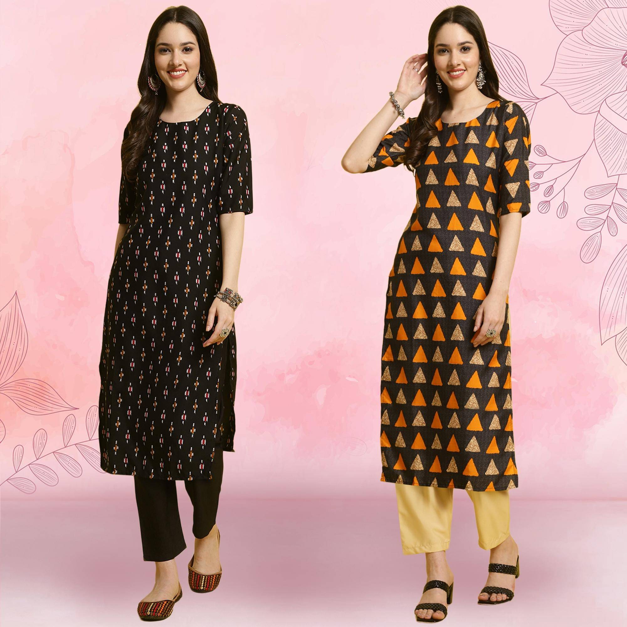 Ethnicbasket Crepe Printed Kurti With Pants Women's Stitched Salwar Suit - Multicolor ( Pack of 2 )     			Ethnicbasket Crepe Printed Kurti With Pants Women's Stitched Salwar Suit - Multicolor ( Pack of 2 )