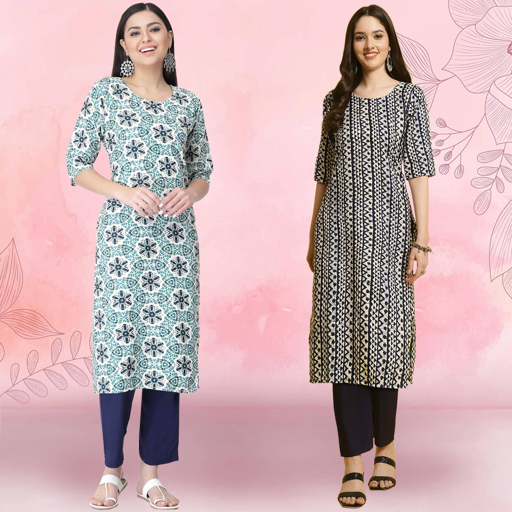     			Ethnicbasket Crepe Printed Kurti With Pants Women's Stitched Salwar Suit - Navy ( Pack of 2 )