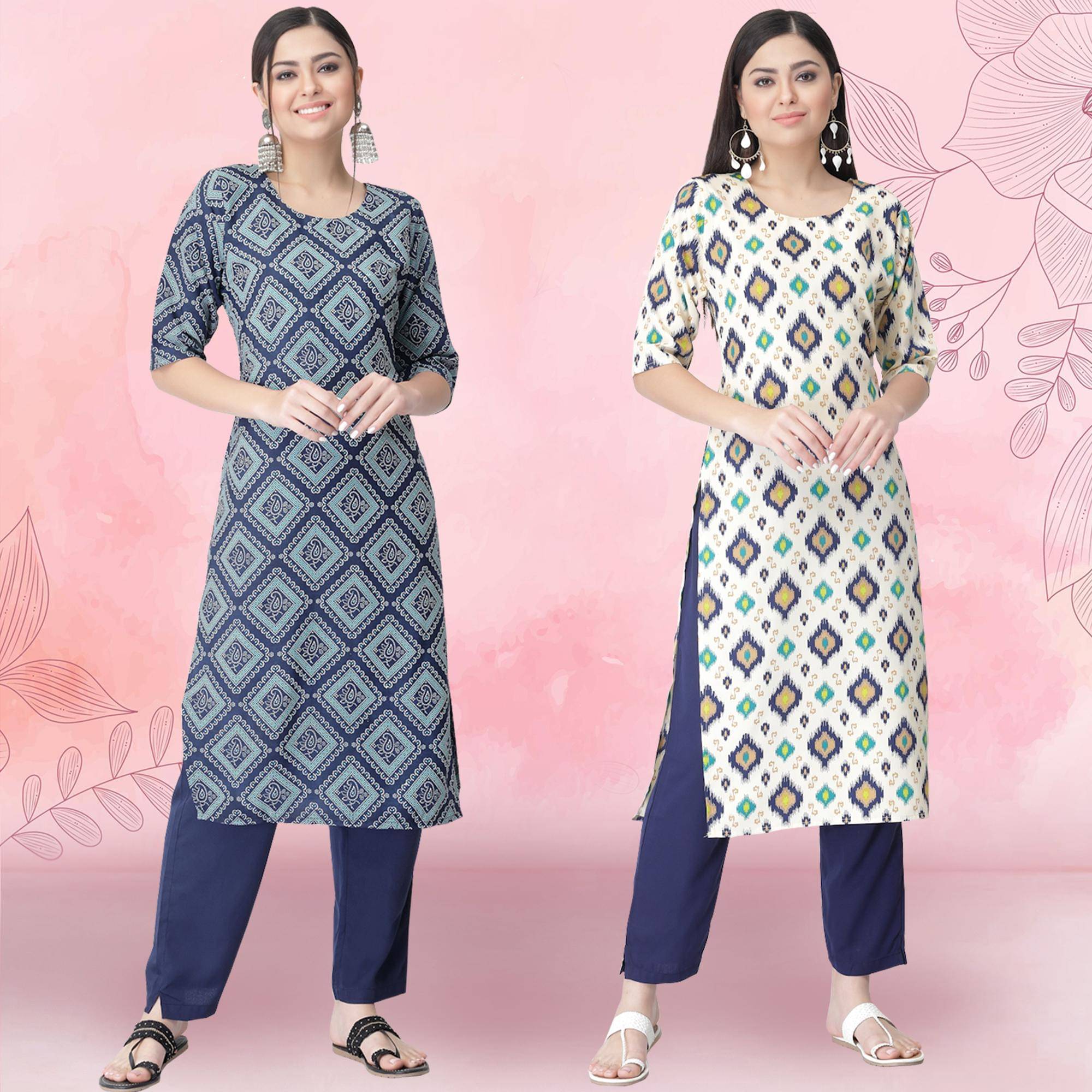 Ethnicbasket Crepe Printed Kurti With Pants Women's Stitched Salwar Suit - White ( Pack of 2 )     			Ethnicbasket Crepe Printed Kurti With Pants Women's Stitched Salwar Suit - White ( Pack of 2 )