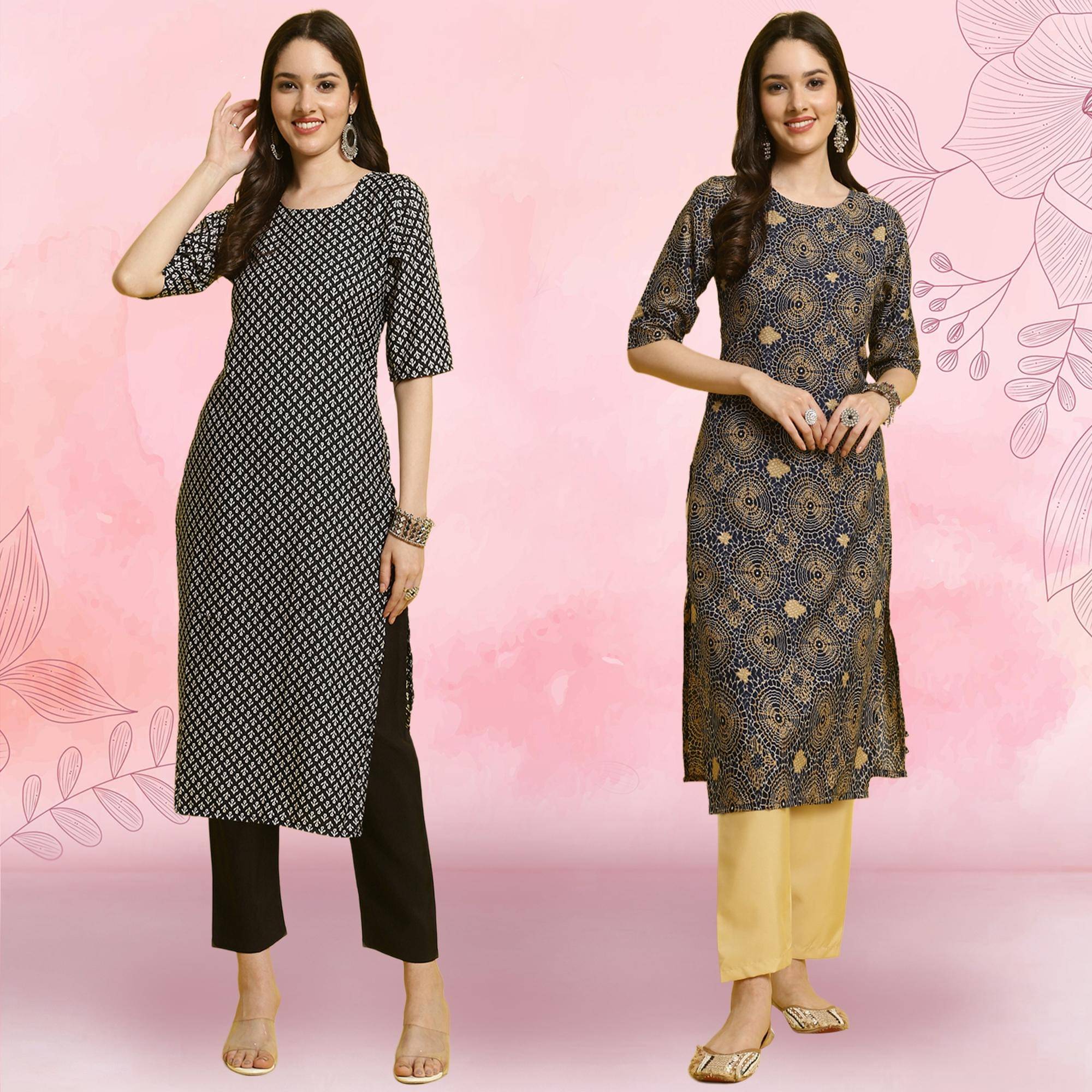     			Ethnicbasket Crepe Printed Kurti With Pants Women's Stitched Salwar Suit - Blue ( Pack of 2 )