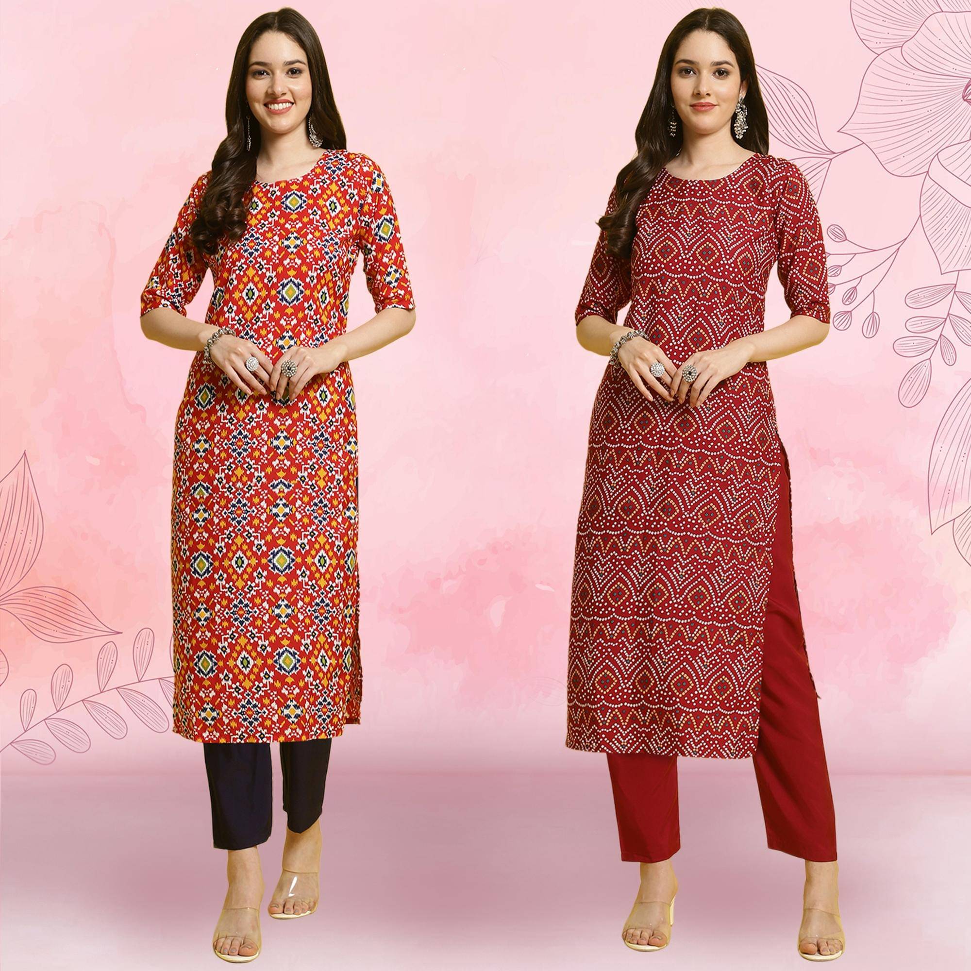     			Ethnicbasket Crepe Printed Kurti With Pants Women's Stitched Salwar Suit - Maroon ( Pack of 2 )