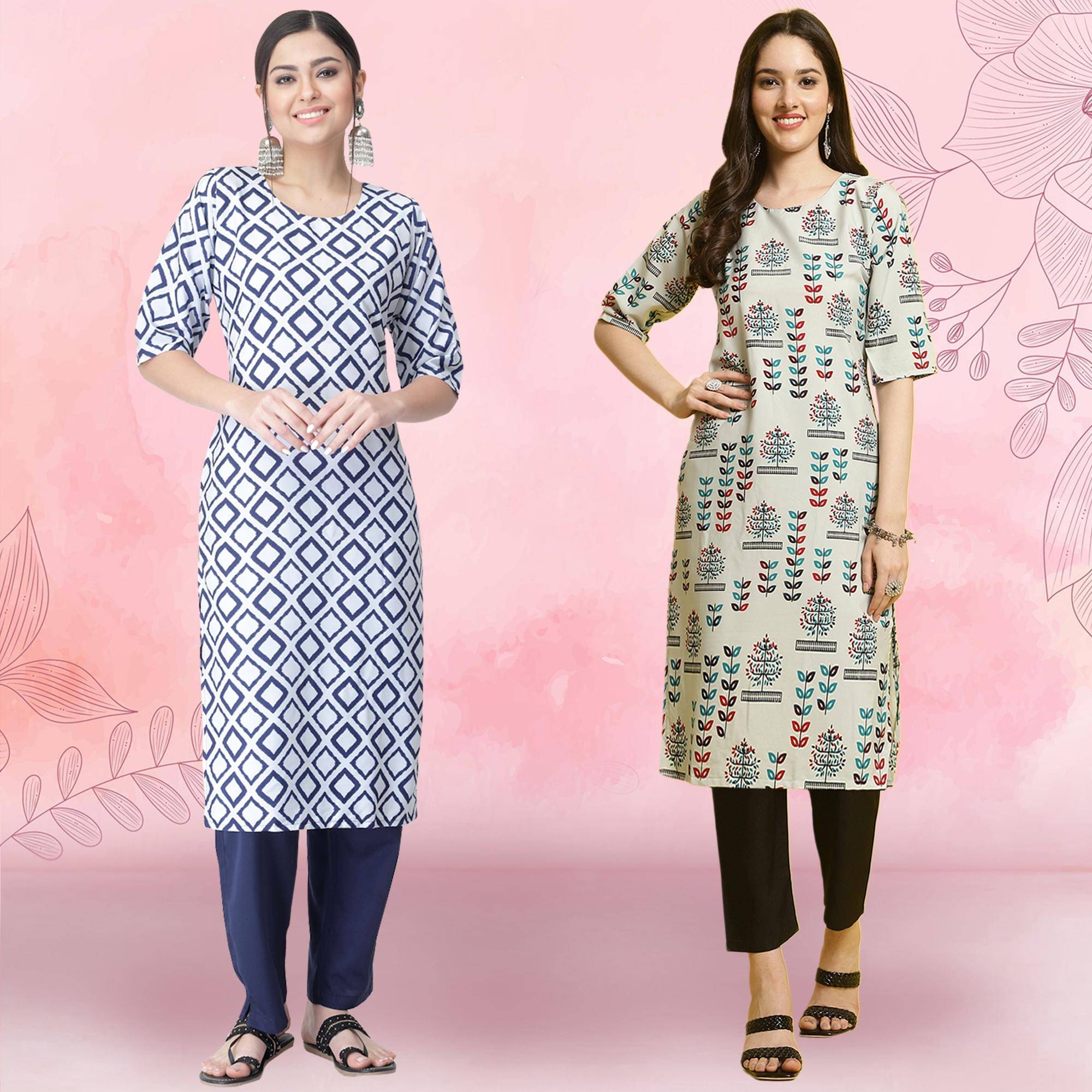     			Ethnicbasket Crepe Printed Kurti With Pants Women's Stitched Salwar Suit - Grey ( Pack of 2 )