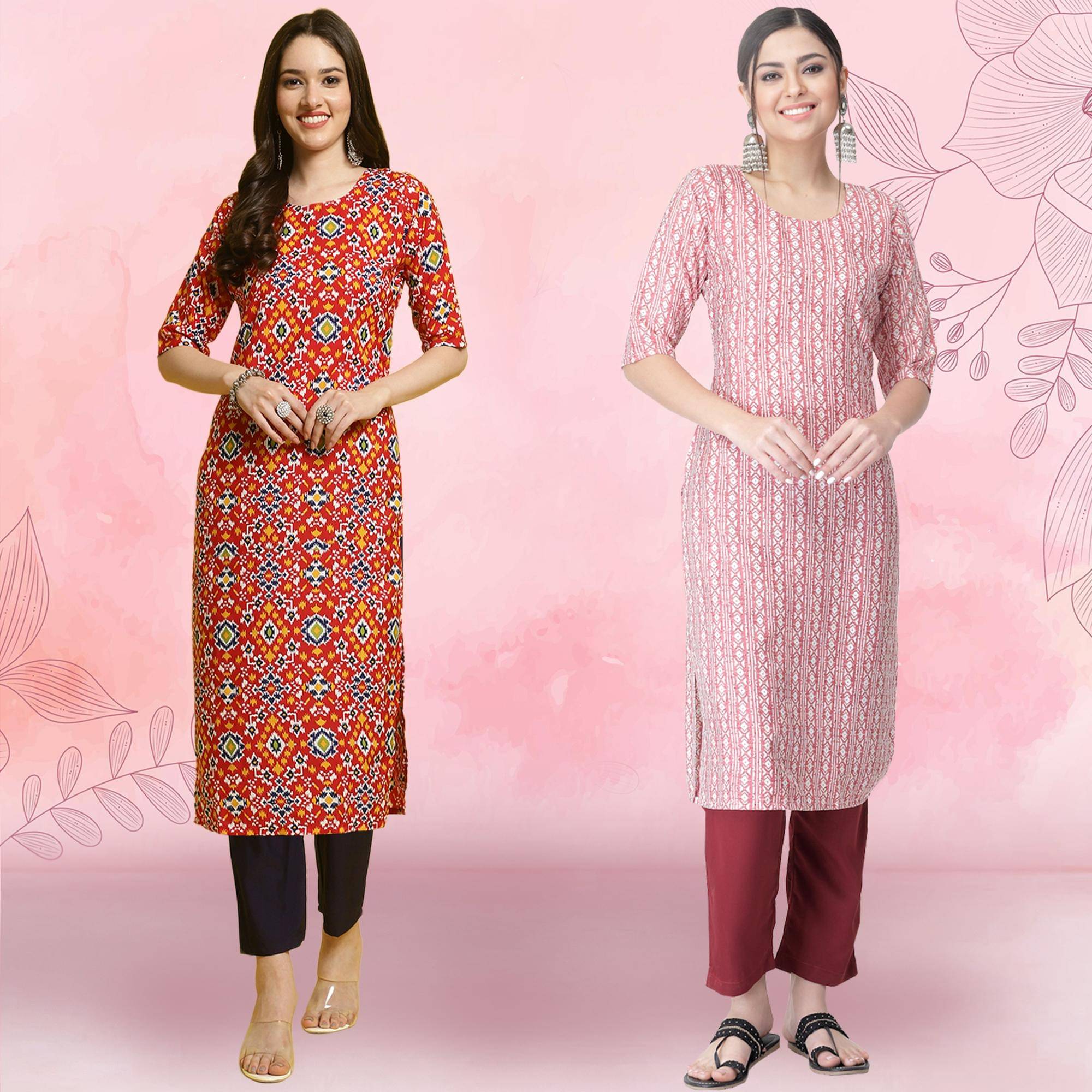 Ethnicbasket Crepe Printed Kurti With Pants Women's Stitched Salwar Suit - Pink ( Pack of 2 )     			Ethnicbasket Crepe Printed Kurti With Pants Women's Stitched Salwar Suit - Pink ( Pack of 2 )