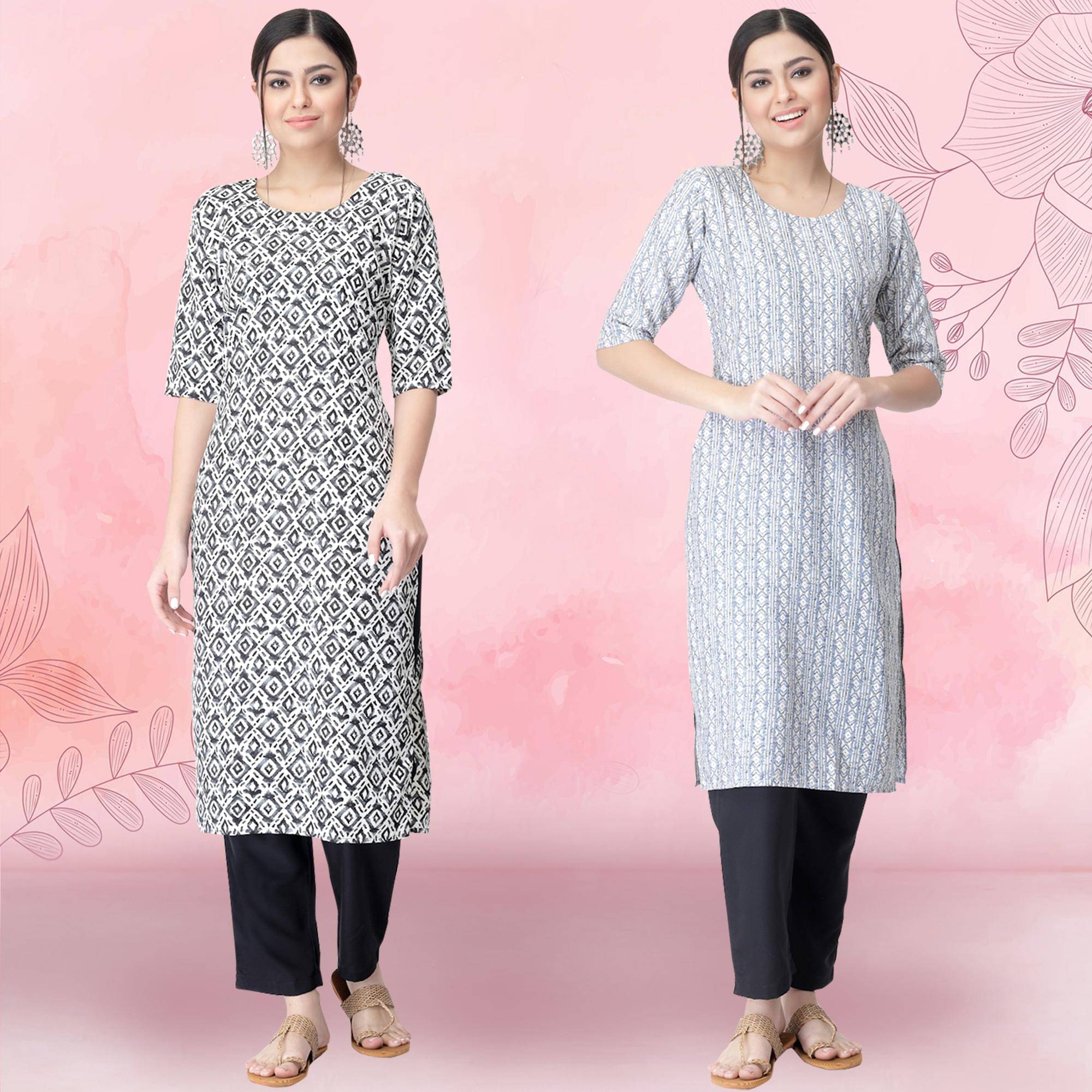     			Ethnicbasket Crepe Printed Kurti With Pants Women's Stitched Salwar Suit - White ( Pack of 2 )