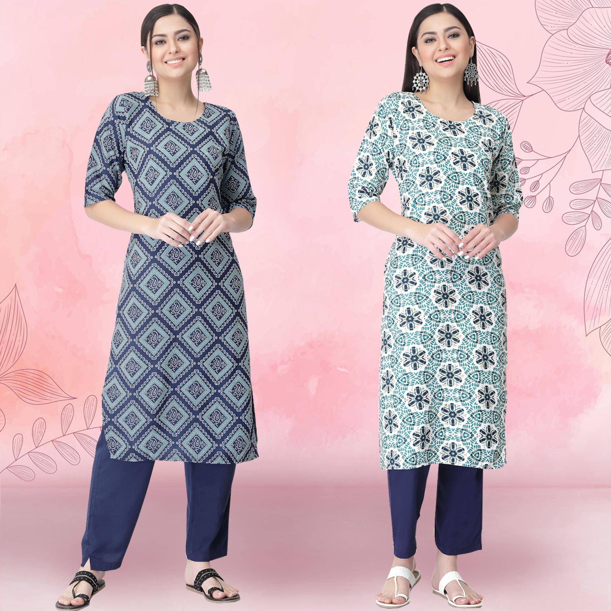     			Ethnicbasket Crepe Printed Kurti With Pants Women's Stitched Salwar Suit - Teal ( Pack of 2 )