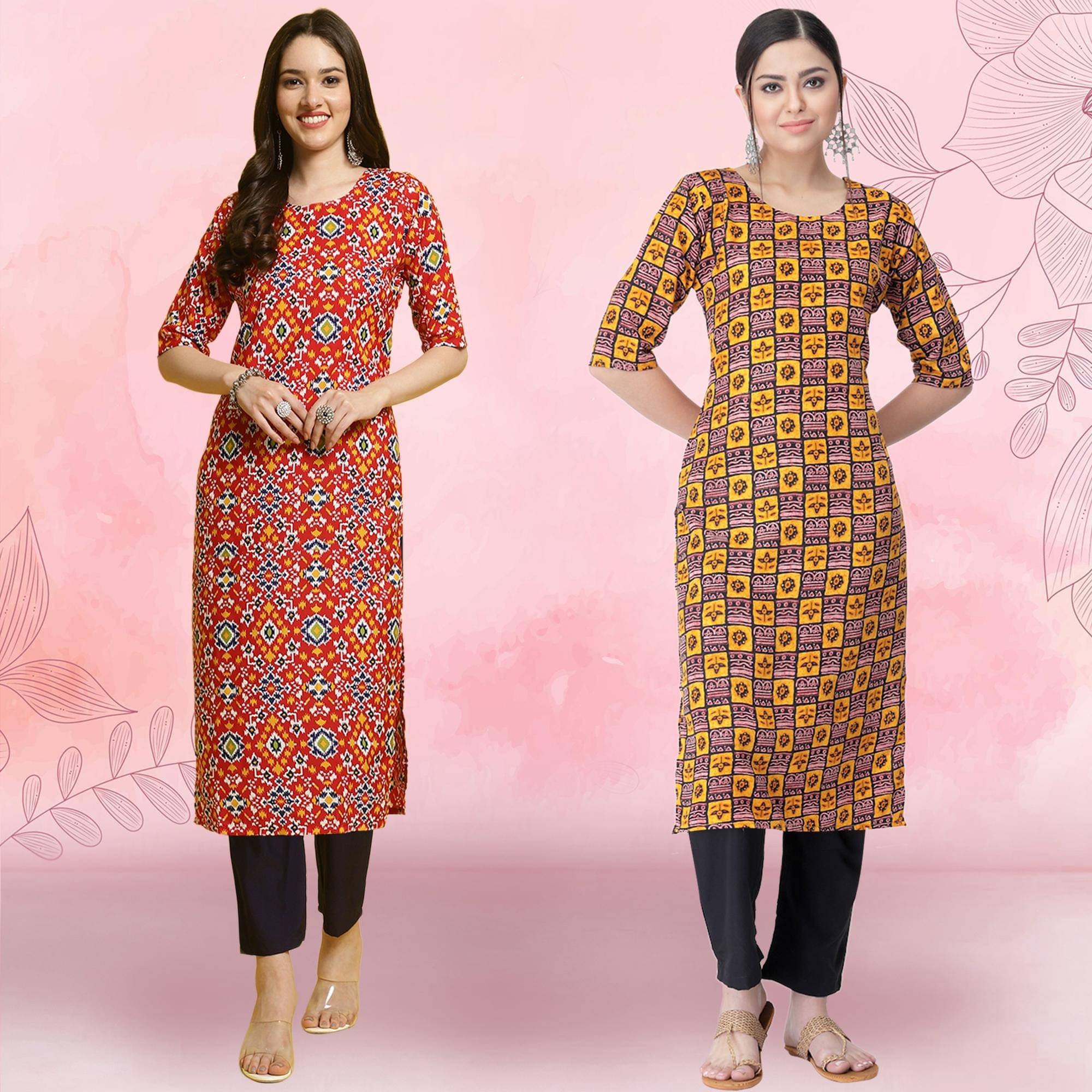     			Ethnicbasket Crepe Printed Kurti With Pants Women's Stitched Salwar Suit - Yellow ( Pack of 2 )