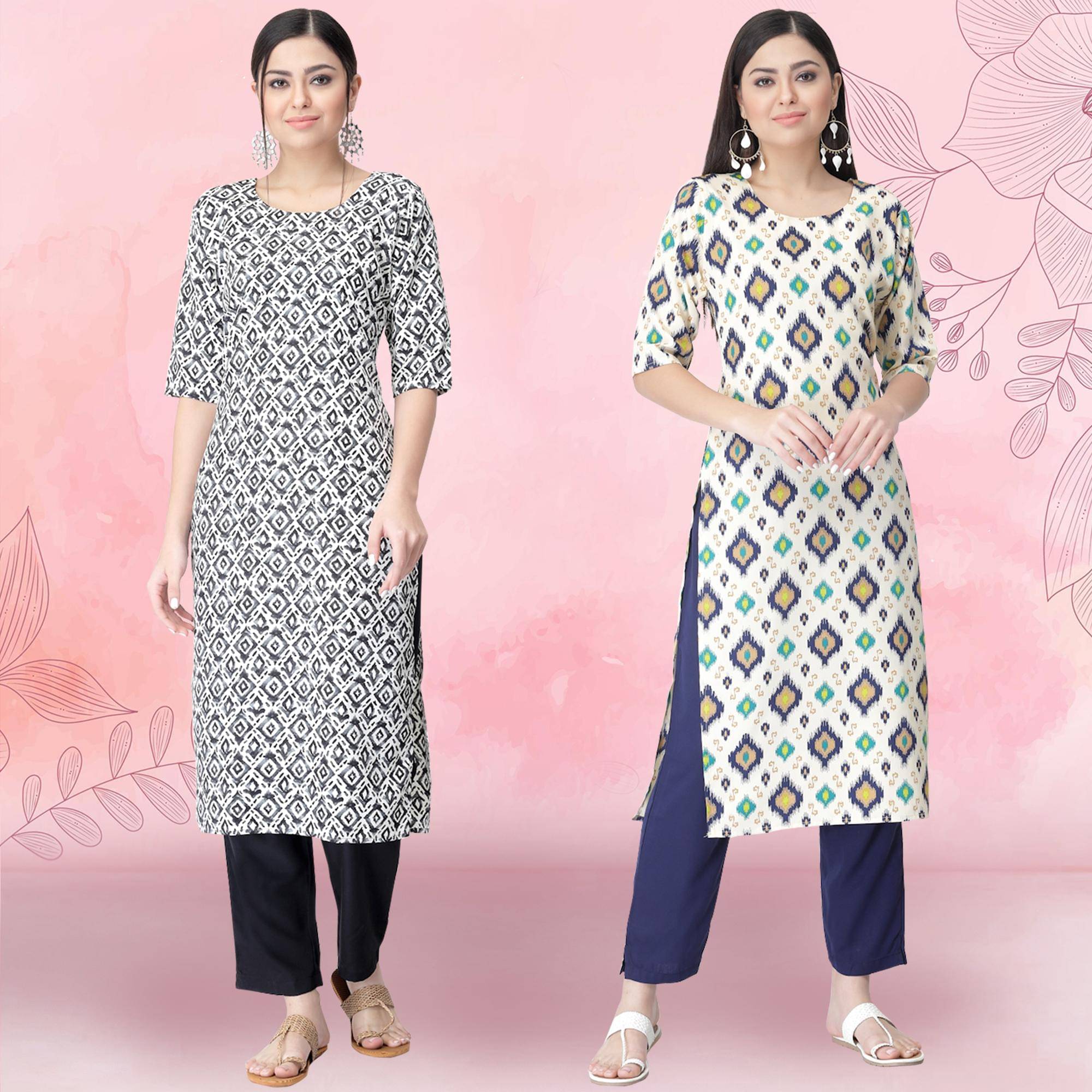     			Ethnicbasket Crepe Printed Kurti With Pants Women's Stitched Salwar Suit - Off White ( Pack of 2 )