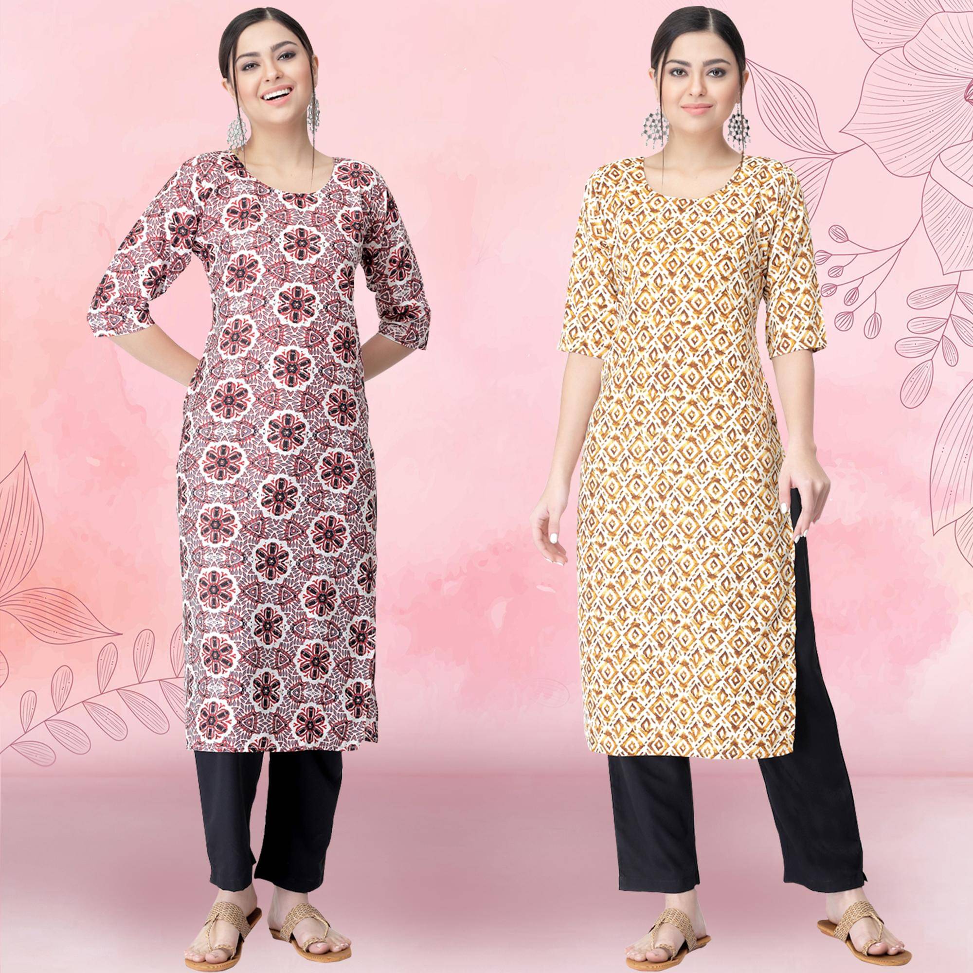     			Ethnicbasket Crepe Printed Kurti With Pants Women's Stitched Salwar Suit - Cream ( Pack of 2 )