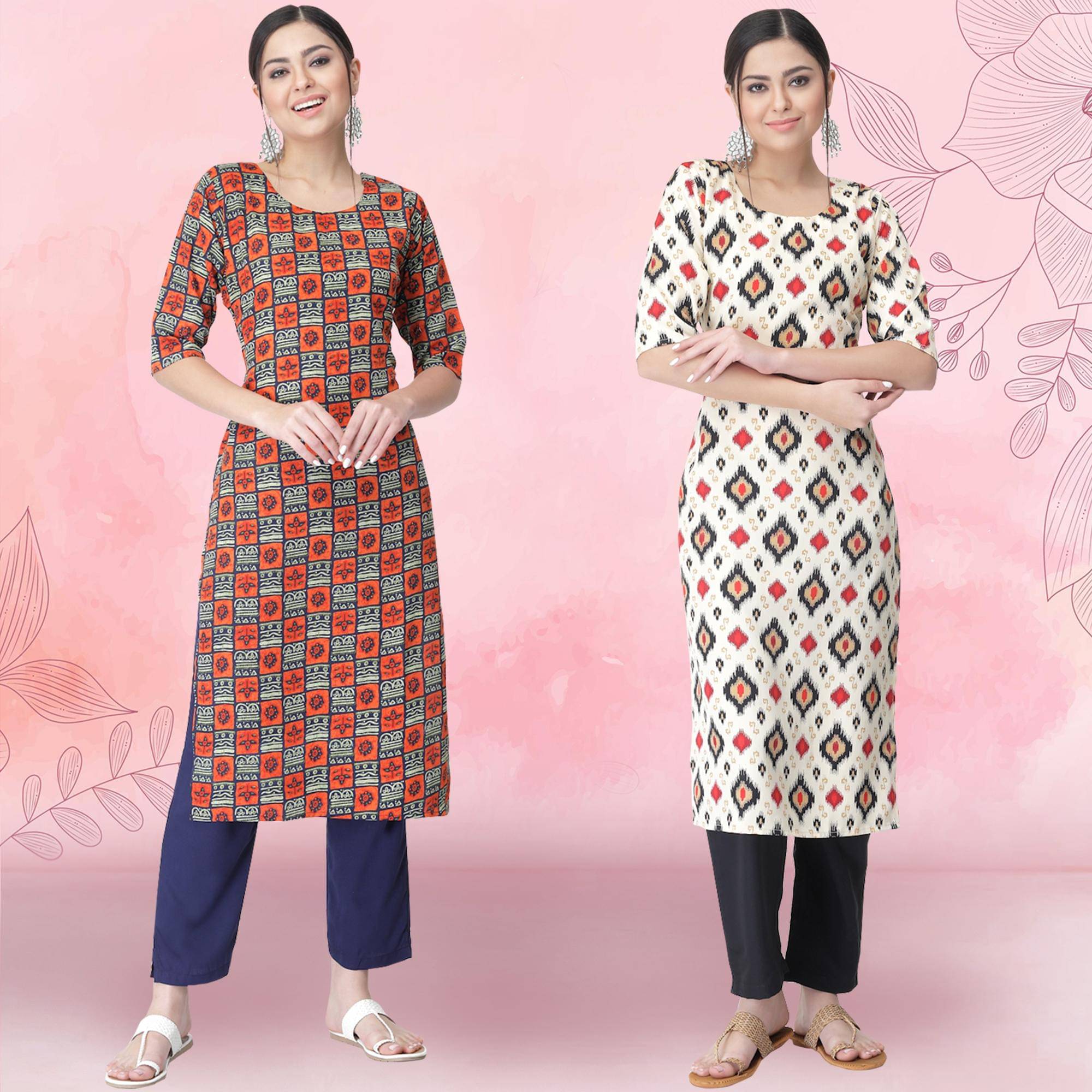 Ethnicbasket Crepe Printed Kurti With Pants Women's Stitched Salwar Suit - White ( Pack of 2 )     			Ethnicbasket Crepe Printed Kurti With Pants Women's Stitched Salwar Suit - White ( Pack of 2 )