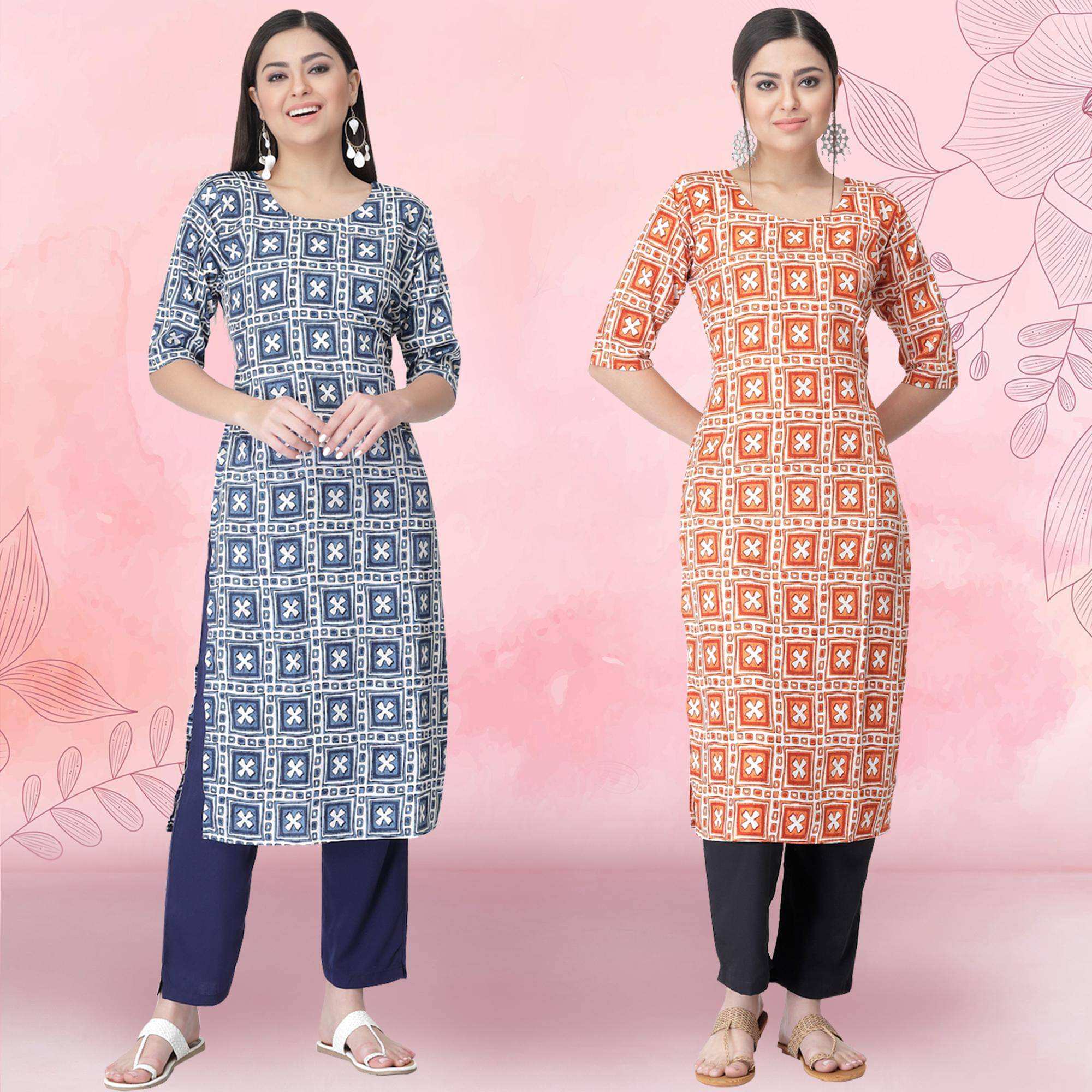     			Ethnicbasket Crepe Printed Kurti With Pants Women's Stitched Salwar Suit - Orange ( Pack of 2 )