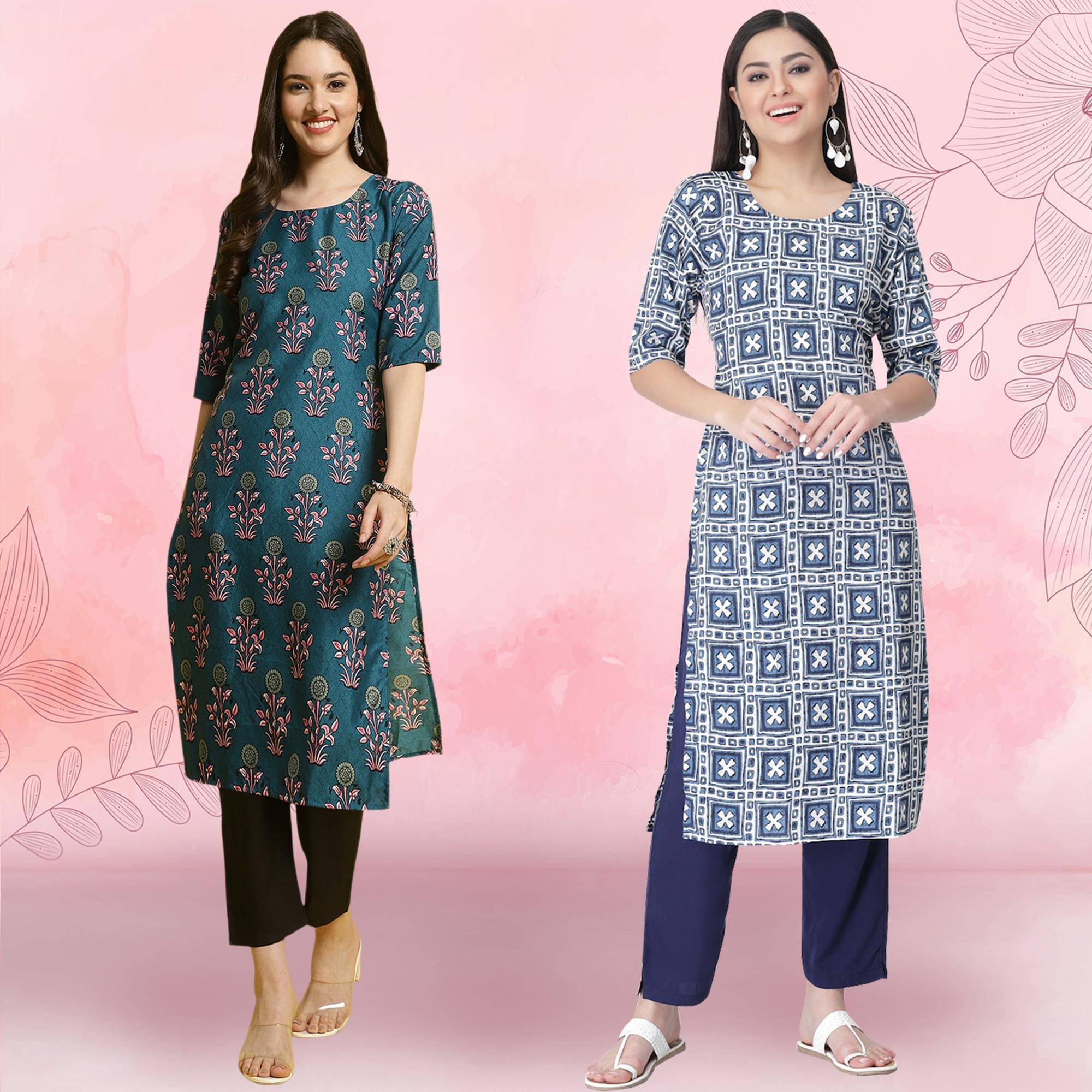     			Ethnicbasket Crepe Printed Kurti With Pants Women's Stitched Salwar Suit - Navy Blue ( Pack of 2 )