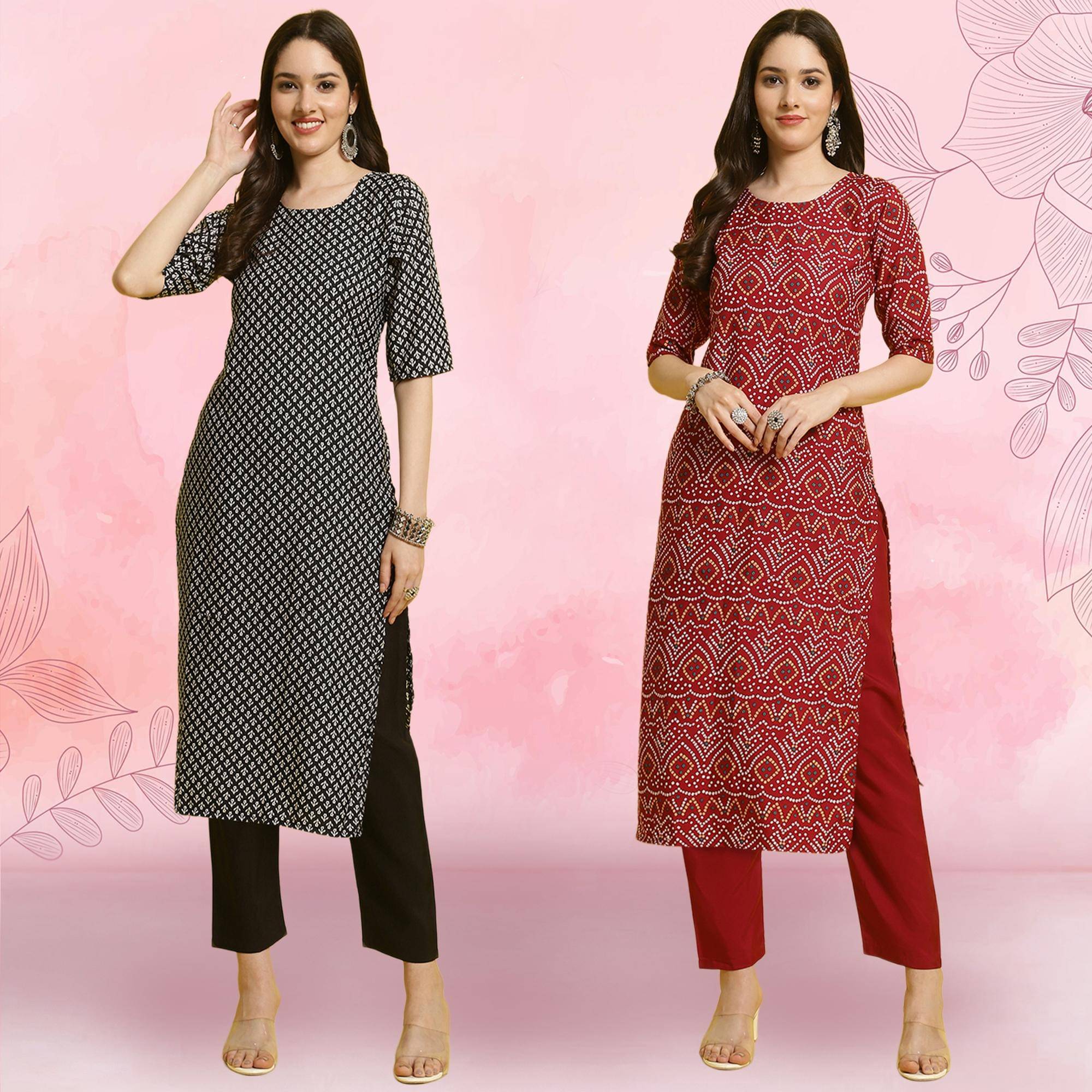    			Ethnicbasket Crepe Printed Kurti With Pants Women's Stitched Salwar Suit - Maroon ( Pack of 2 )