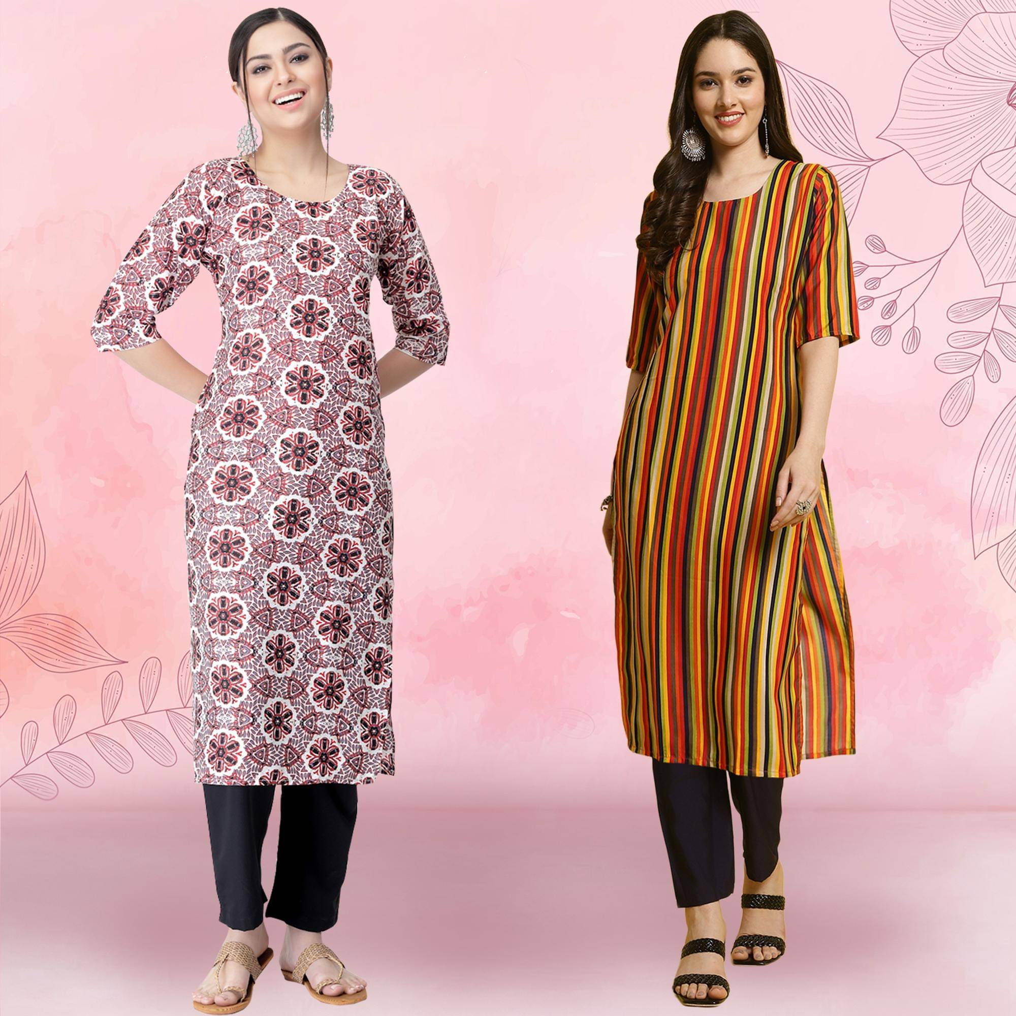 Ethnicbasket Crepe Printed Kurti With Pants Women's Stitched Salwar Suit - Multicoloured ( Pack of 2 ) Ethnicbasket Crepe Printed Kurti With Pants Women's Stitched Salwar Suit - Multicoloured ( Pack of 2 )