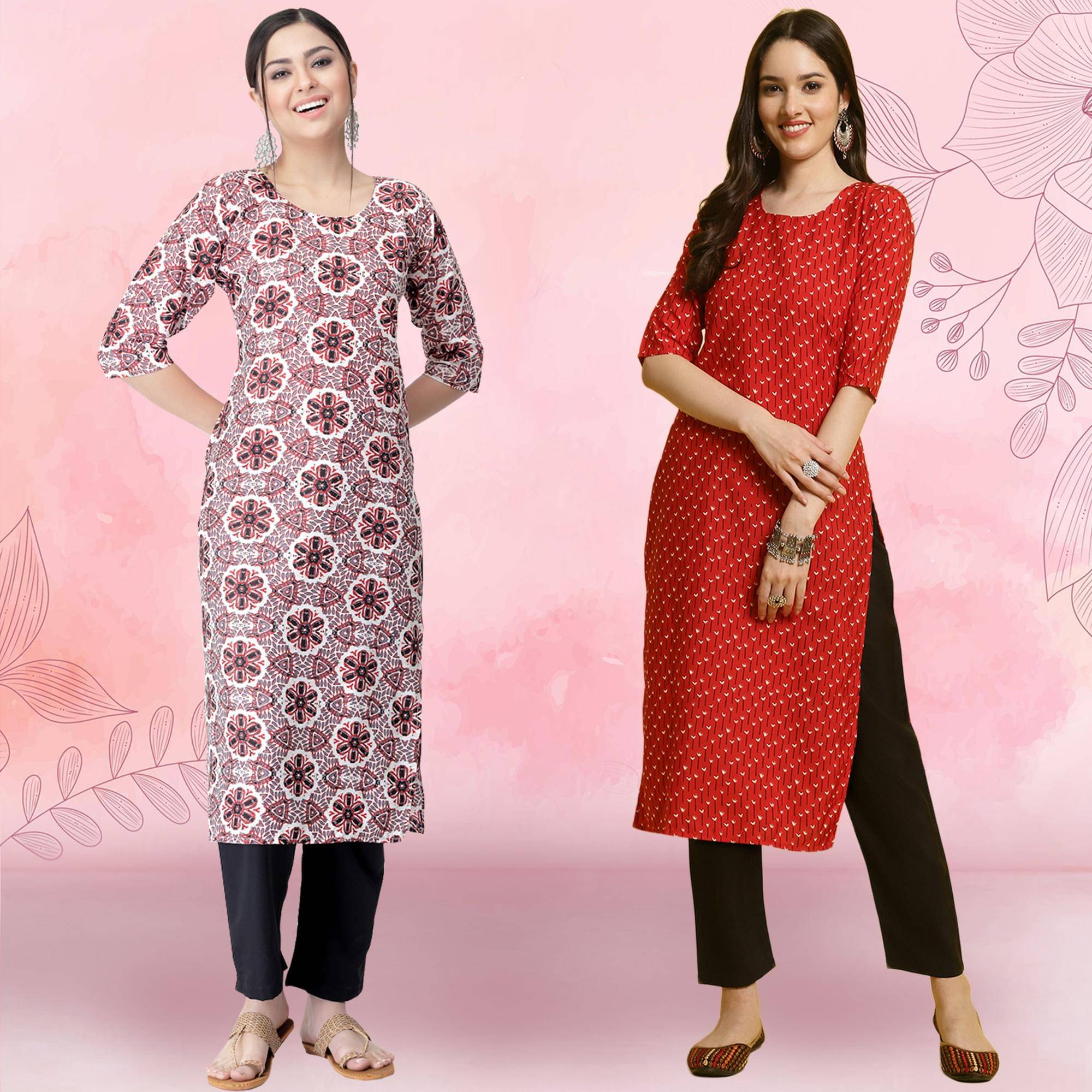     			Ethnicbasket Crepe Printed Kurti With Pants Women's Stitched Salwar Suit - Red ( Pack of 2 )