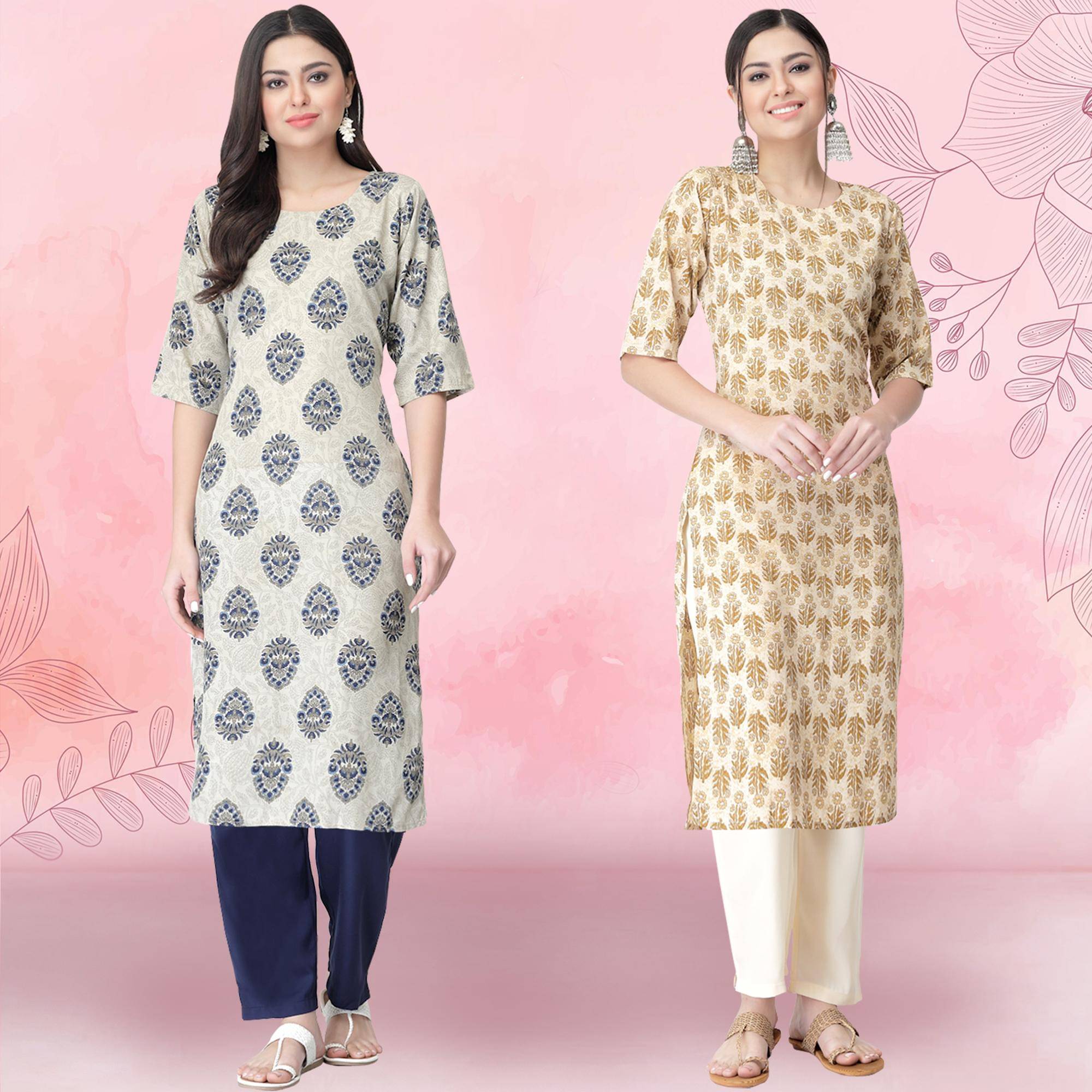 Ethnicbasket Crepe Printed Kurti With Pants Women's Stitched Salwar Suit - Beige ( Pack of 2 ) Ethnicbasket Crepe Printed Kurti With Pants Women's Stitched Salwar Suit - Beige ( Pack of 2 )