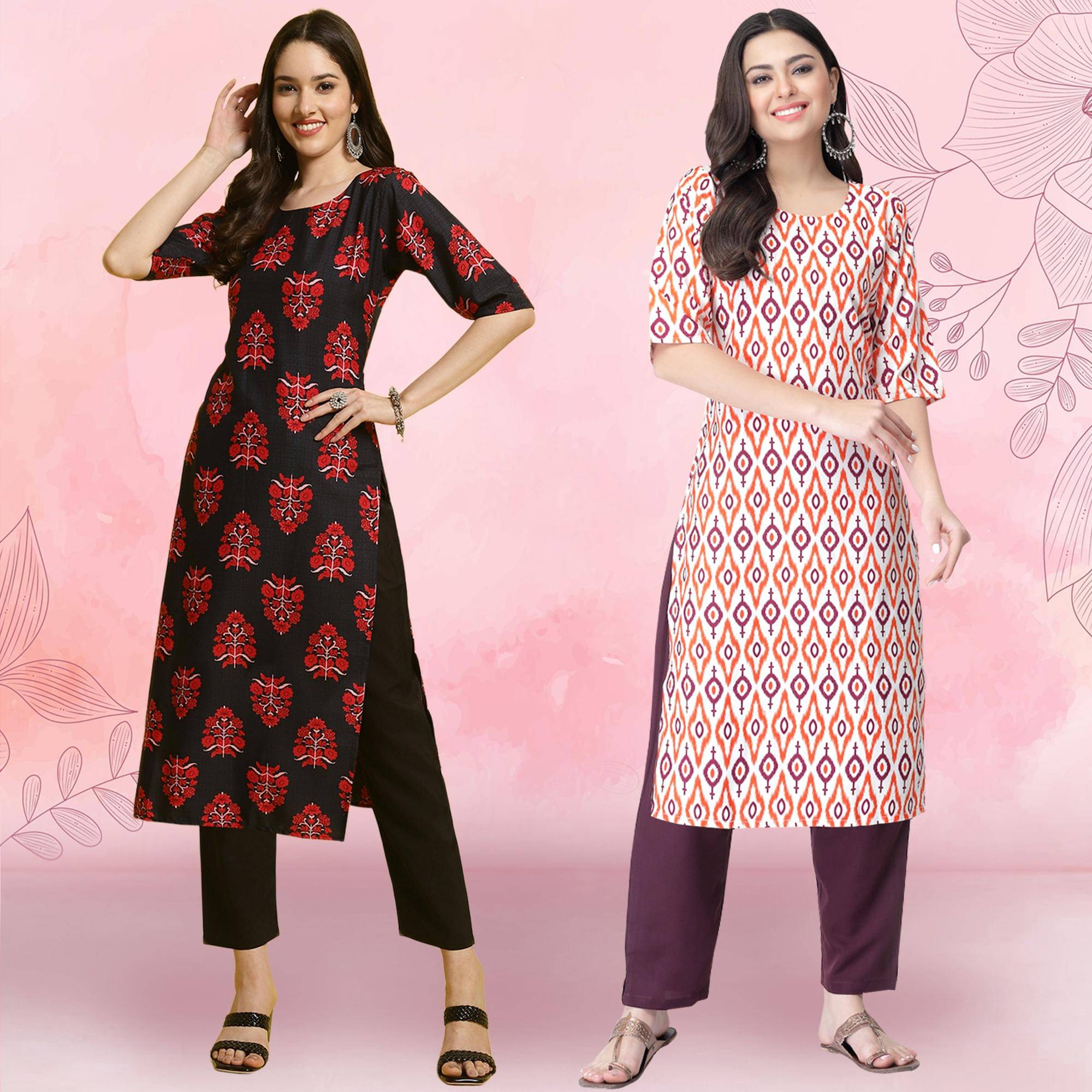 Ethnicbasket Crepe Printed Kurti With Pants Women's Stitched Salwar Suit - Multicoloured ( Pack of 2 ) Ethnicbasket Crepe Printed Kurti With Pants Women's Stitched Salwar Suit - Multicoloured ( Pack of 2 )