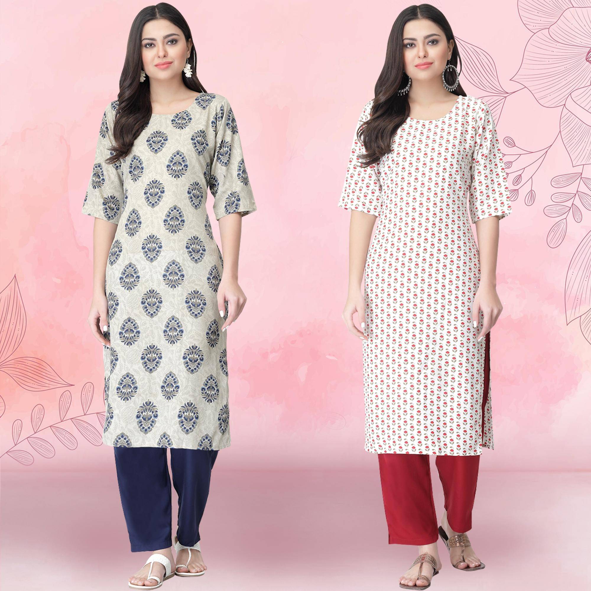     			Ethnicbasket Crepe Printed Kurti With Pants Women's Stitched Salwar Suit - Off White ( Pack of 2 )