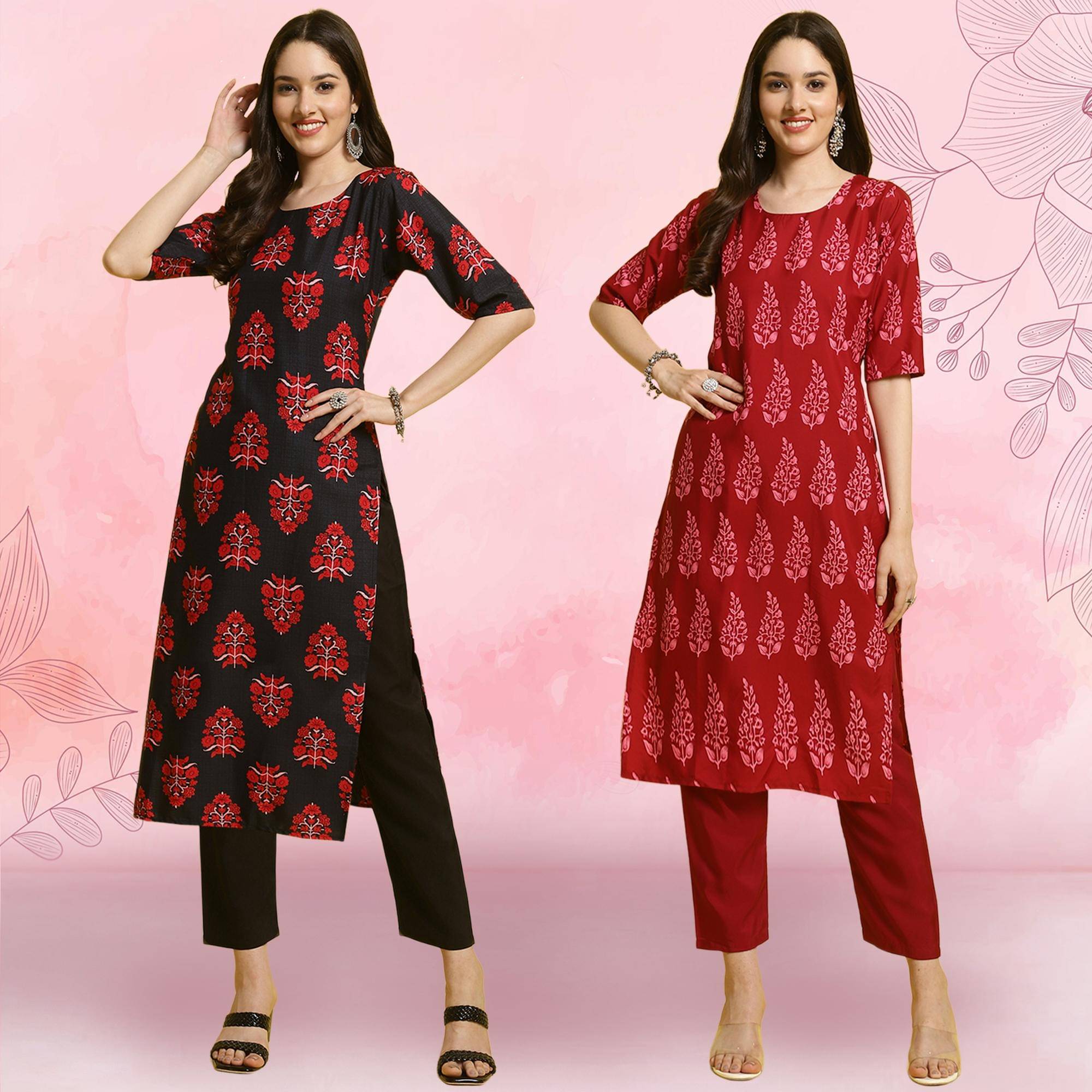 Ethnicbasket Crepe Printed Kurti With Pants Women's Stitched Salwar Suit - Red ( Pack of 2 ) Ethnicbasket Crepe Printed Kurti With Pants Women's Stitched Salwar Suit - Red ( Pack of 2 )