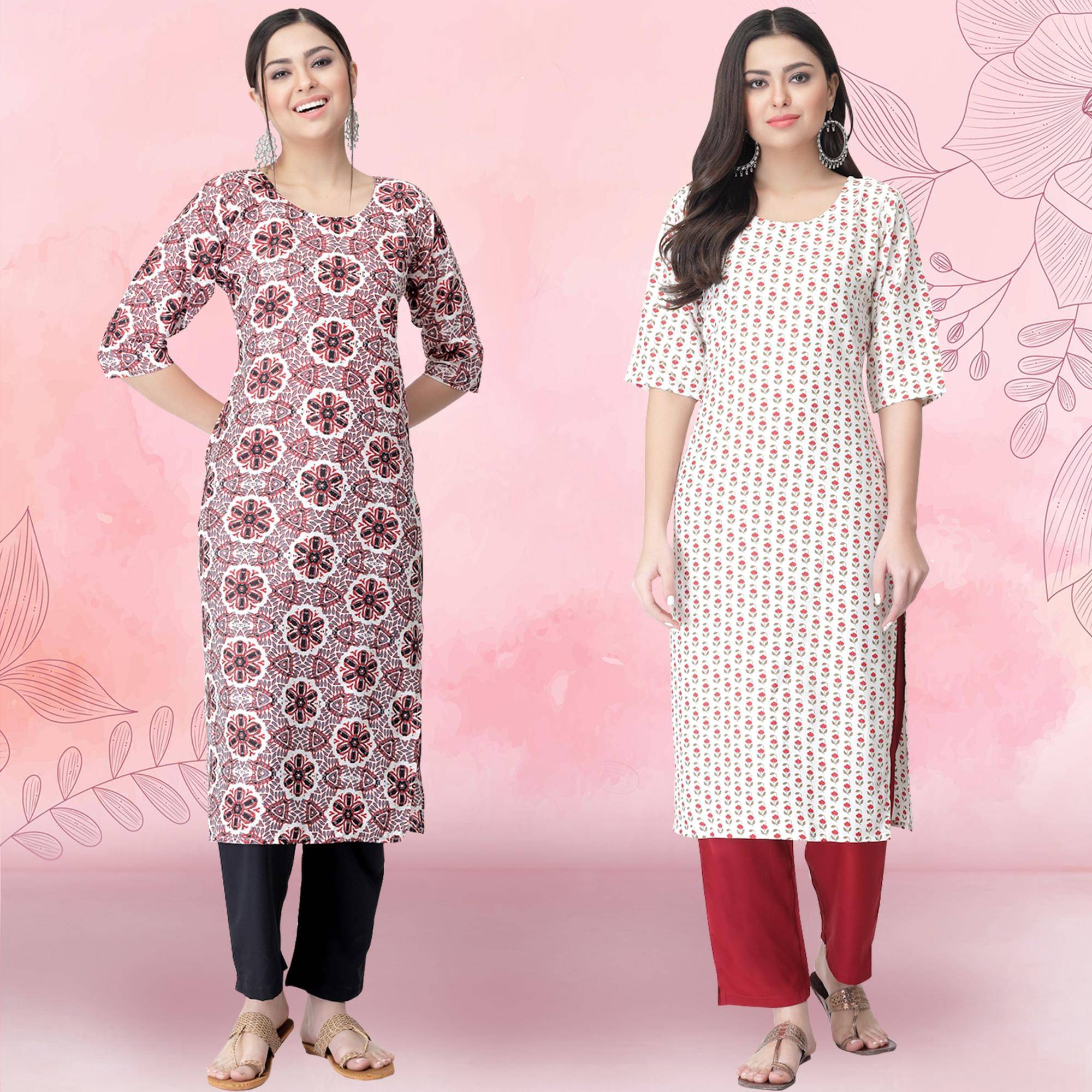     			Ethnicbasket Crepe Printed Kurti With Pants Women's Stitched Salwar Suit - Off White ( Pack of 2 )