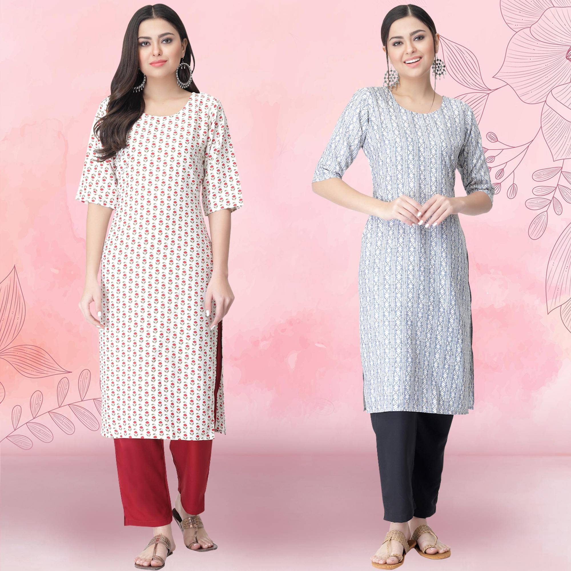     			Ethnicbasket Crepe Printed Kurti With Pants Women's Stitched Salwar Suit - White ( Pack of 2 )