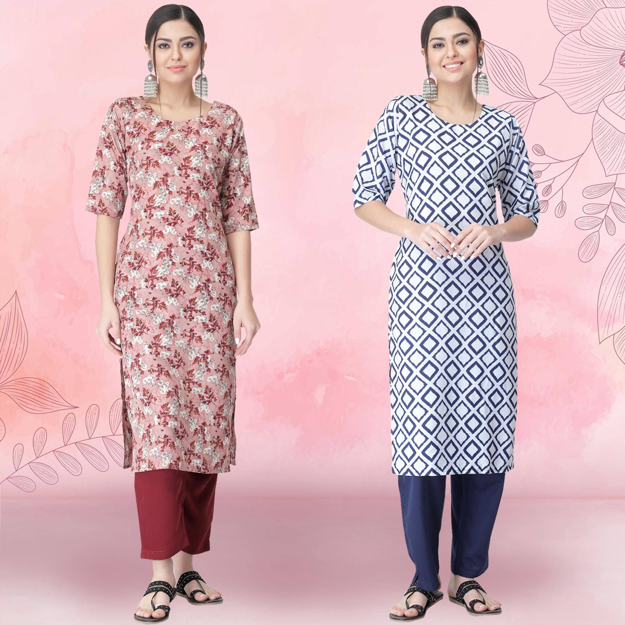     			Ethnicbasket Crepe Printed Kurti With Pants Women's Stitched Salwar Suit - White ( Pack of 2 )