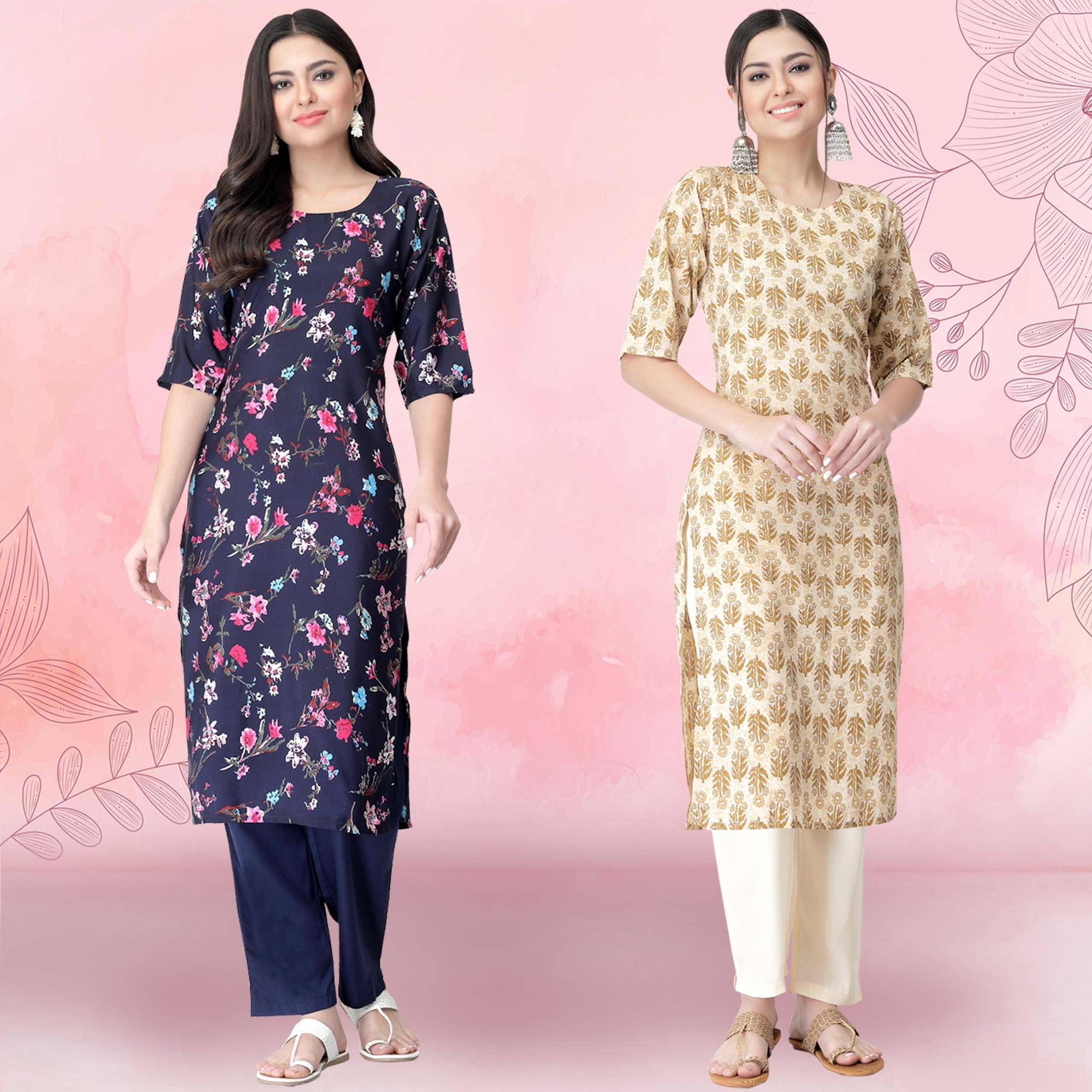 Ethnicbasket Crepe Printed Kurti With Pants Women's Stitched Salwar Suit - Beige ( Pack of 2 ) Ethnicbasket Crepe Printed Kurti With Pants Women's Stitched Salwar Suit - Beige ( Pack of 2 )