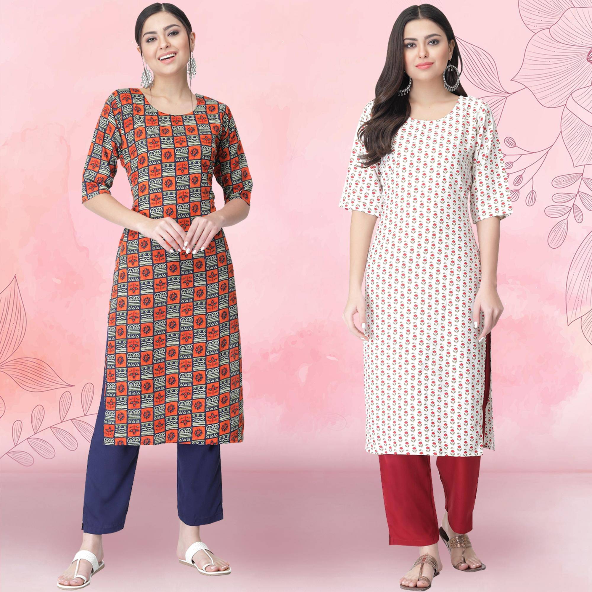     			Ethnicbasket Crepe Printed Kurti With Pants Women's Stitched Salwar Suit - Off White ( Pack of 2 )