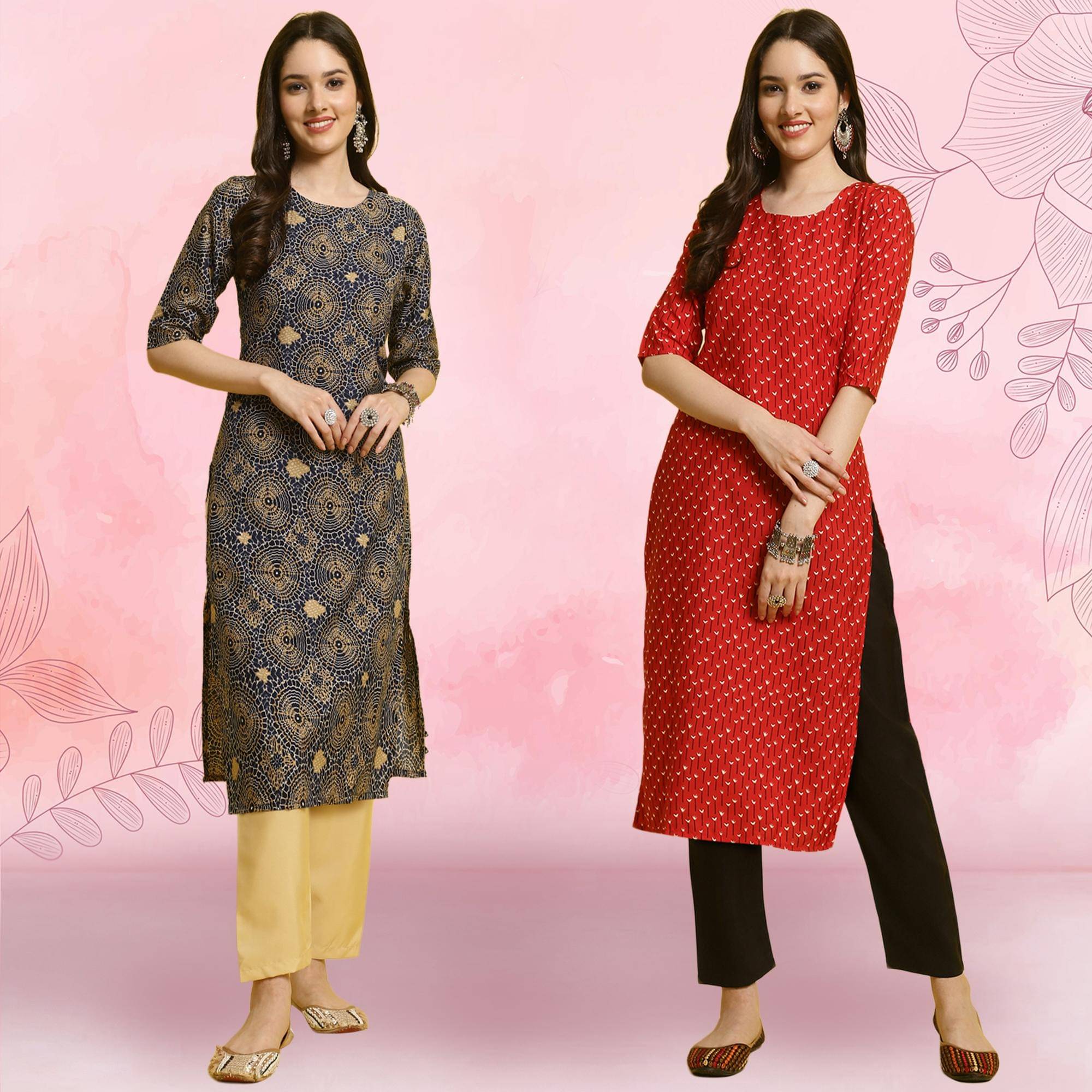     			Ethnicbasket Crepe Printed Kurti With Pants Women's Stitched Salwar Suit - Red ( Pack of 2 )