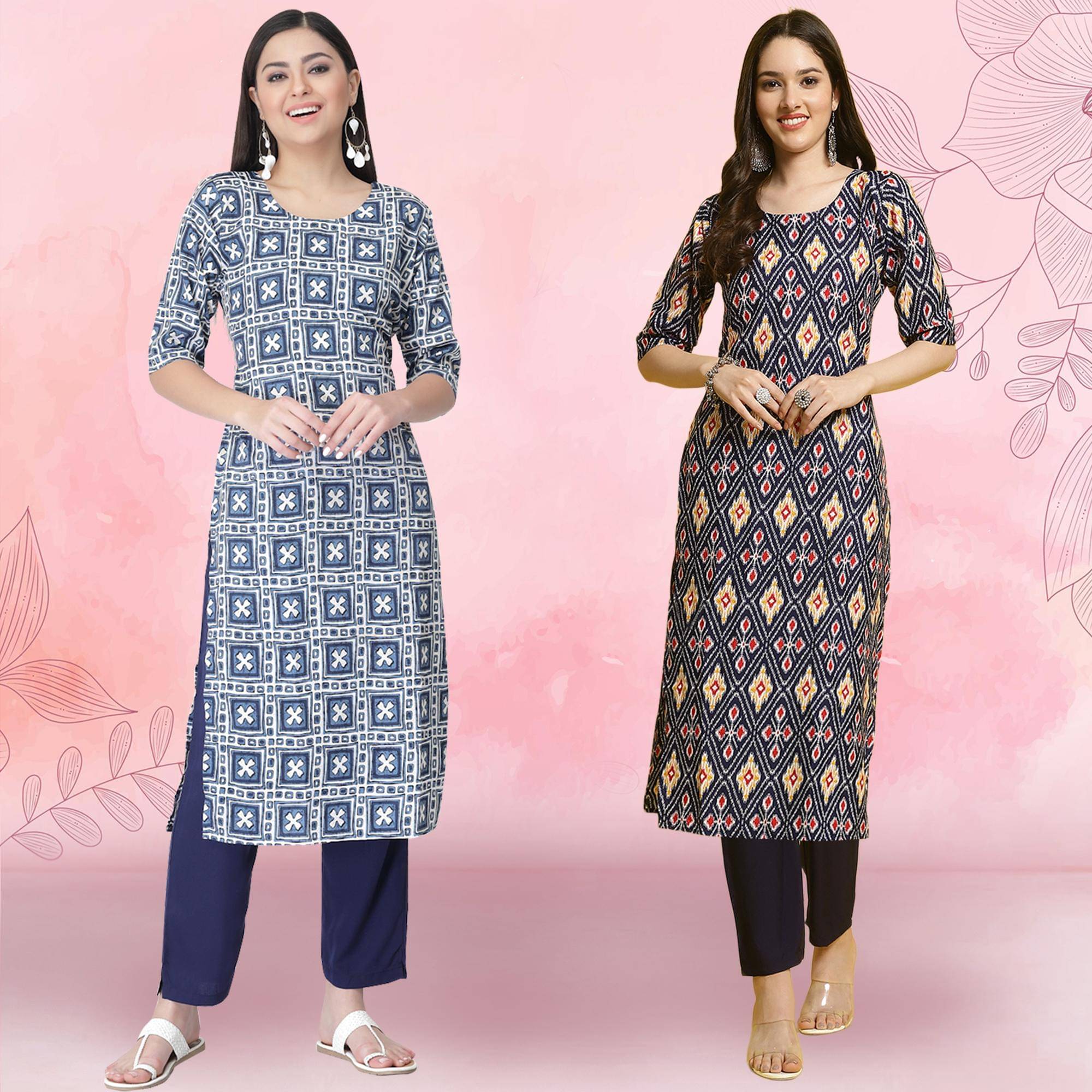 Ethnicbasket Crepe Printed Kurti With Pants Women's Stitched Salwar Suit - Navy Blue ( Pack of 2 ) Ethnicbasket Crepe Printed Kurti With Pants Women's Stitched Salwar Suit - Navy Blue ( Pack of 2 )