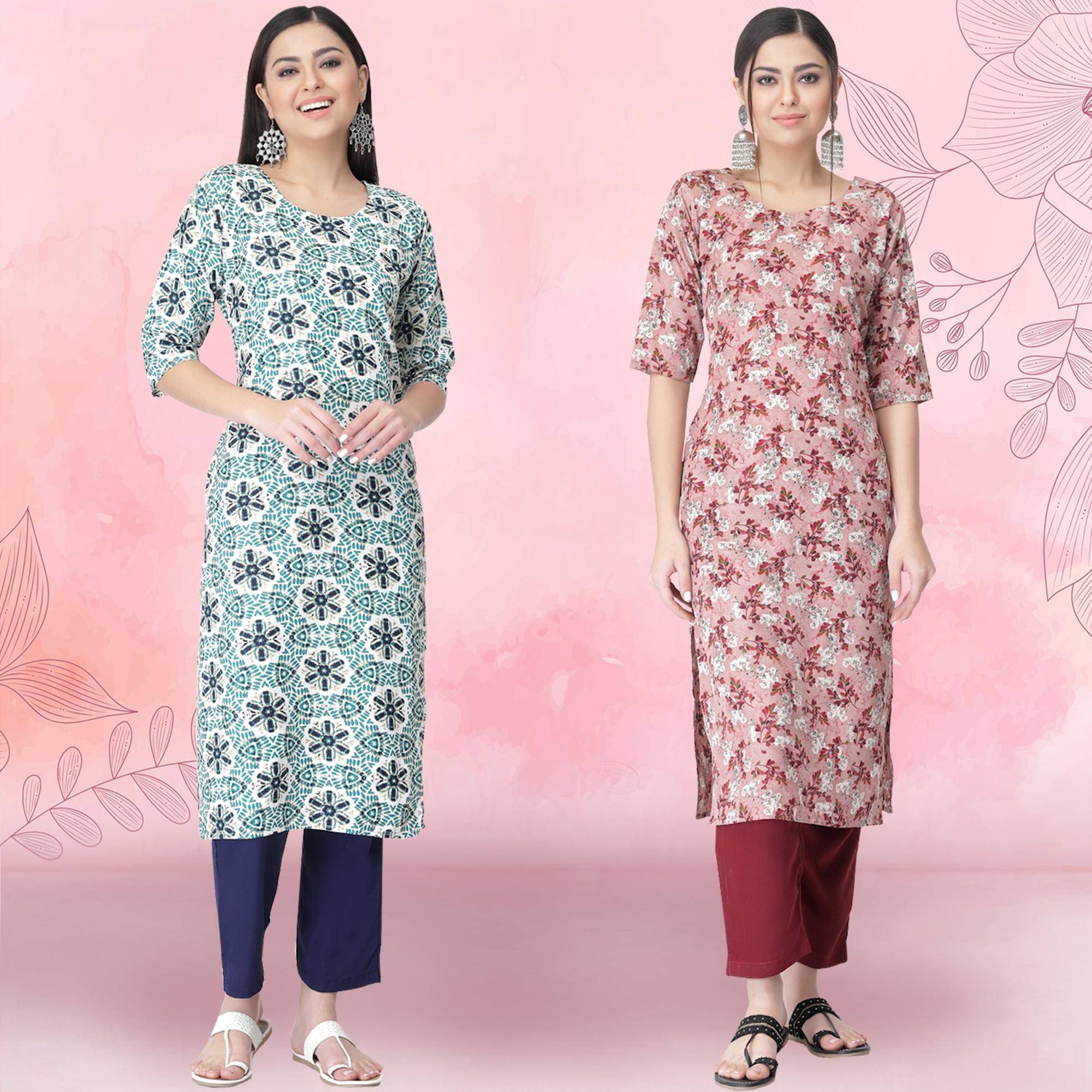     			Ethnicbasket Crepe Printed Kurti With Pants Women's Stitched Salwar Suit - Peach ( Pack of 2 )