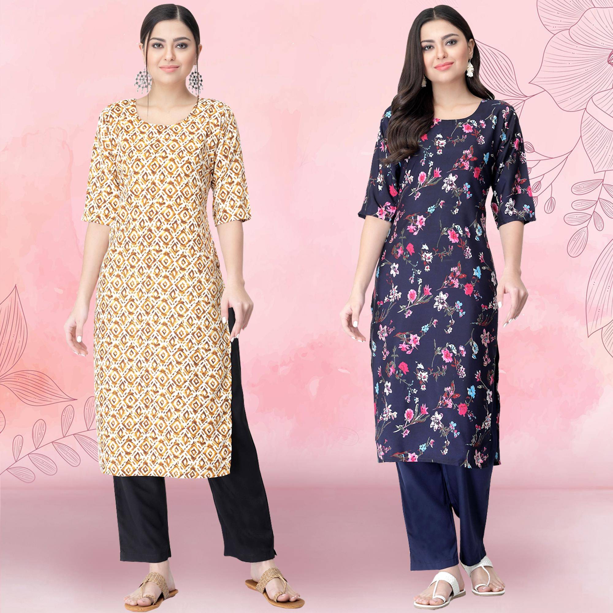 Ethnicbasket Crepe Printed Kurti With Pants Women's Stitched Salwar Suit - Navy ( Pack of 2 )     			Ethnicbasket Crepe Printed Kurti With Pants Women's Stitched Salwar Suit - Navy ( Pack of 2 )