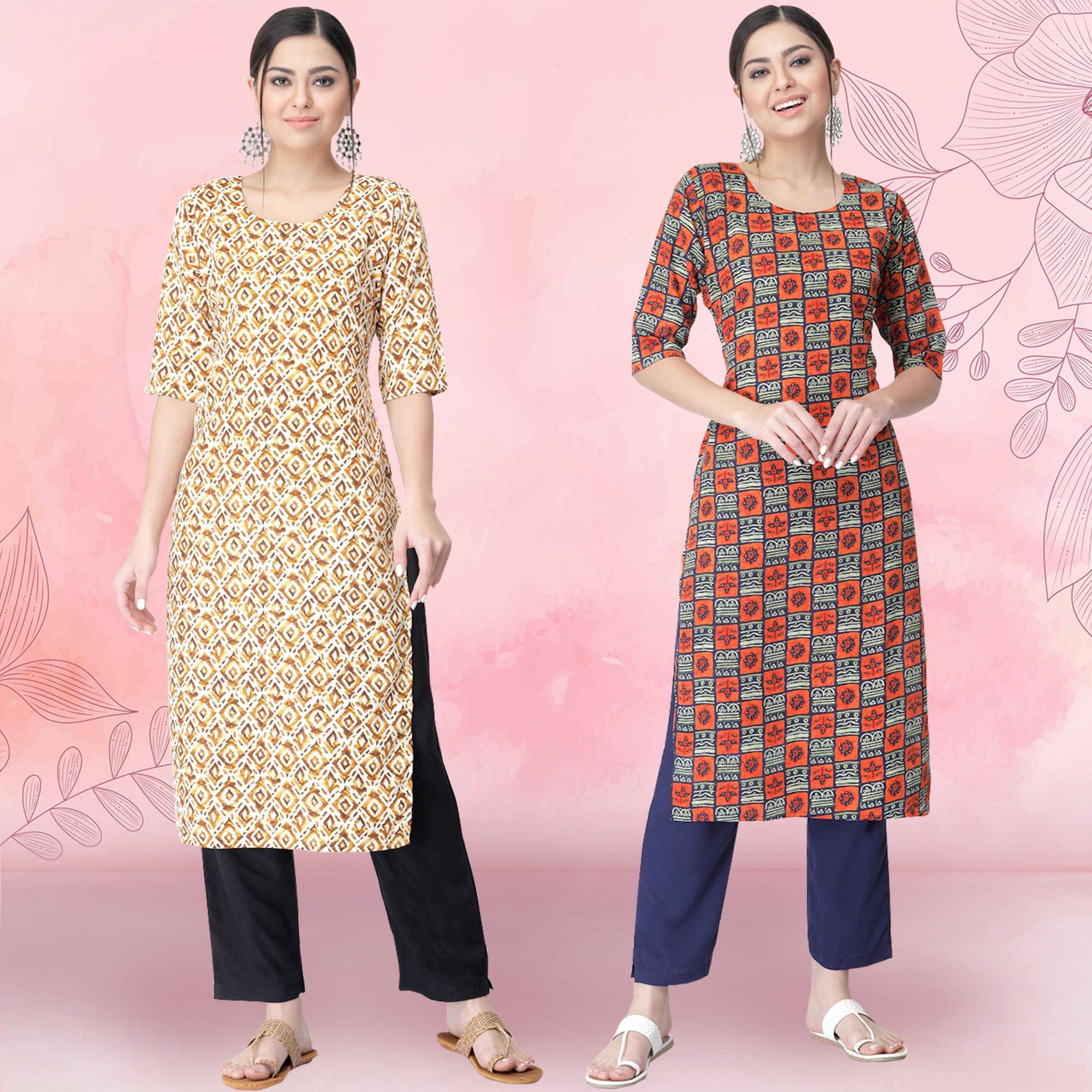 Ethnicbasket Crepe Printed Kurti With Pants Women's Stitched Salwar Suit - Orange ( Pack of 2 ) Ethnicbasket Crepe Printed Kurti With Pants Women's Stitched Salwar Suit - Orange ( Pack of 2 )