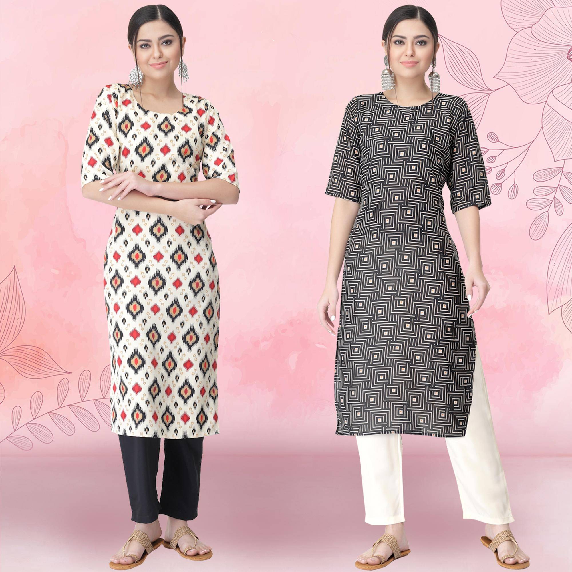 Ethnicbasket Crepe Printed Kurti With Pants Women's Stitched Salwar Suit - Black ( Pack of 2 )     			Ethnicbasket Crepe Printed Kurti With Pants Women's Stitched Salwar Suit - Black ( Pack of 2 )