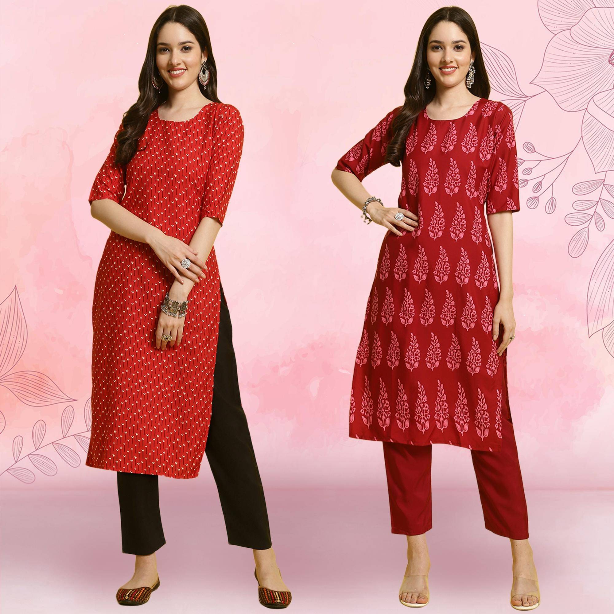 Ethnicbasket Crepe Printed Kurti With Pants Women's Stitched Salwar Suit - Red ( Pack of 2 )     			Ethnicbasket Crepe Printed Kurti With Pants Women's Stitched Salwar Suit - Red ( Pack of 2 )