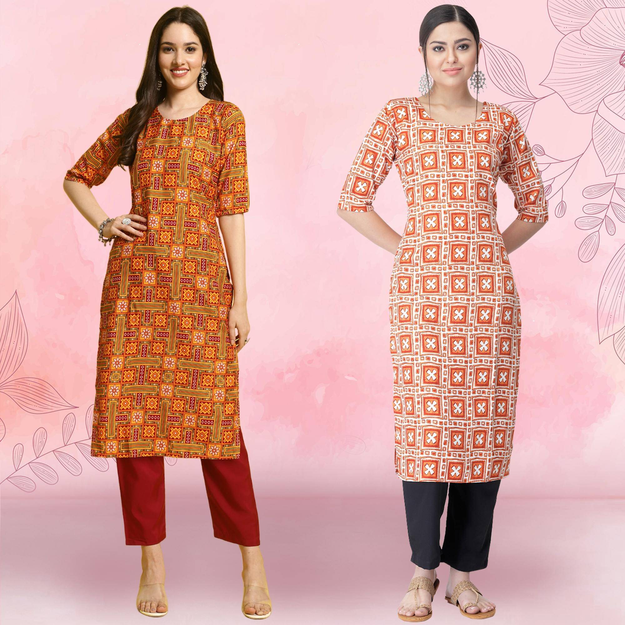 Ethnicbasket Crepe Printed Kurti With Pants Women's Stitched Salwar Suit - Orange ( Pack of 2 ) Ethnicbasket Crepe Printed Kurti With Pants Women's Stitched Salwar Suit - Orange ( Pack of 2 )