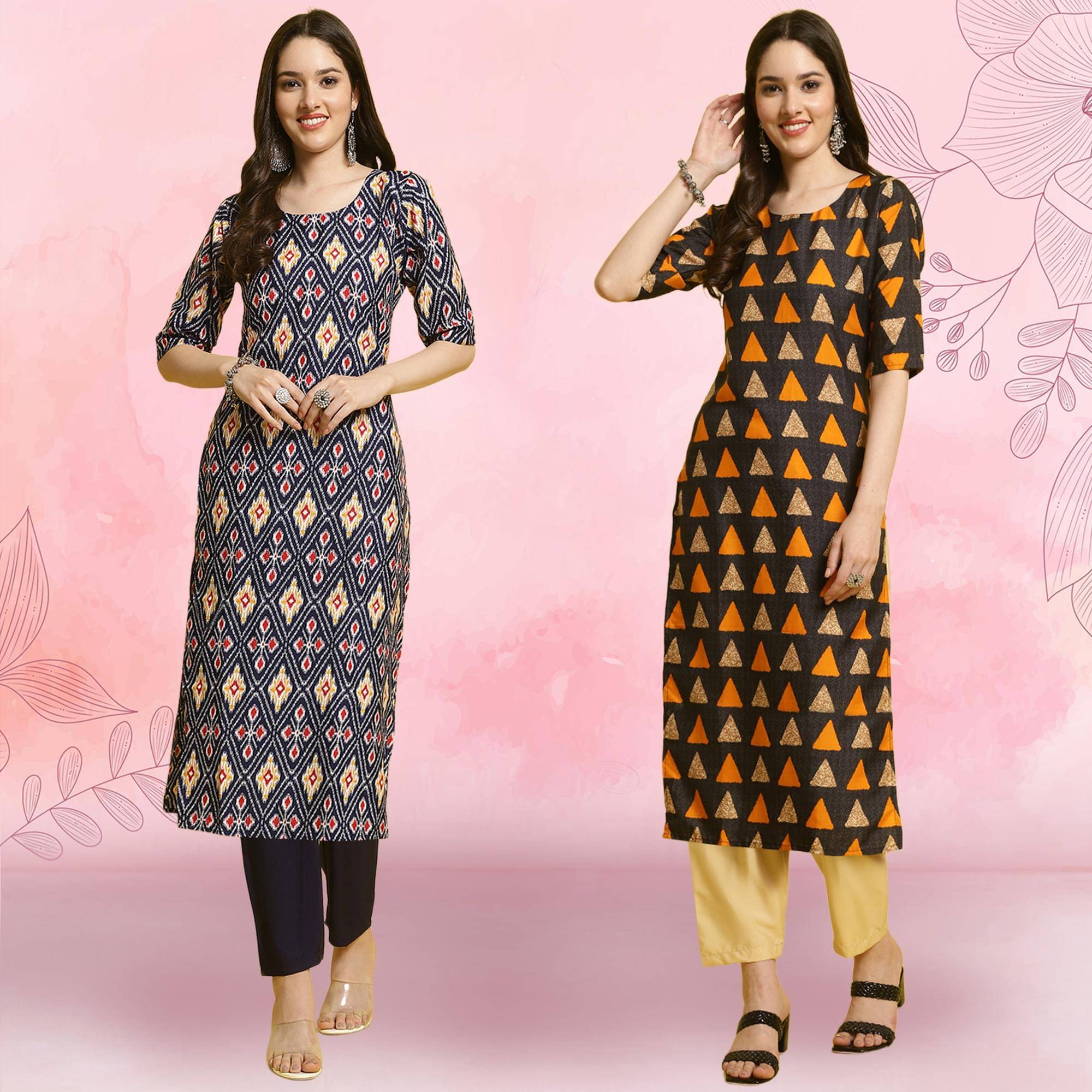 Ethnicbasket Crepe Printed Kurti With Pants Women's Stitched Salwar Suit - Multicolor ( Pack of 2 ) Ethnicbasket Crepe Printed Kurti With Pants Women's Stitched Salwar Suit - Multicolor ( Pack of 2 )