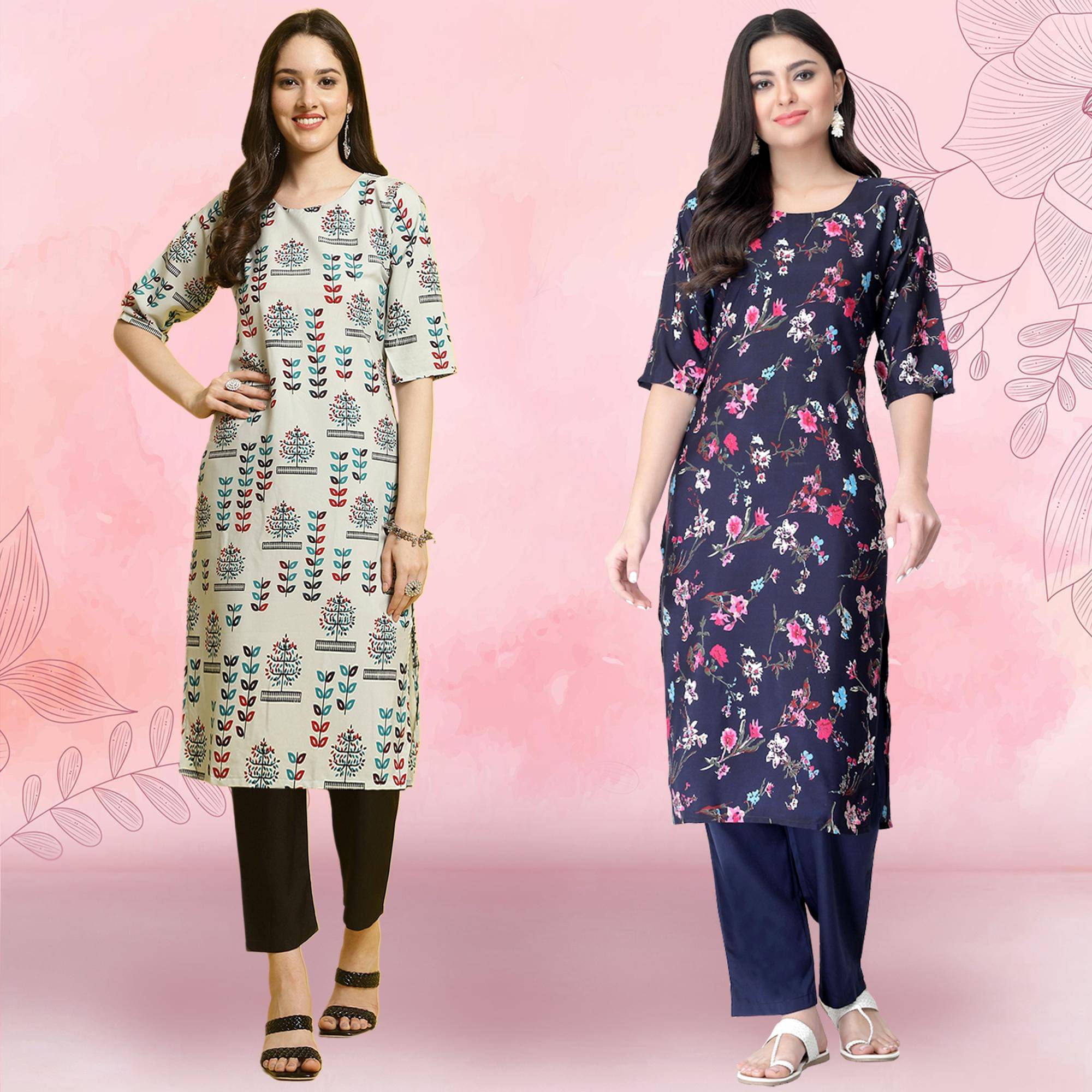     			Ethnicbasket Crepe Printed Kurti With Pants Women's Stitched Salwar Suit - Navy ( Pack of 2 )