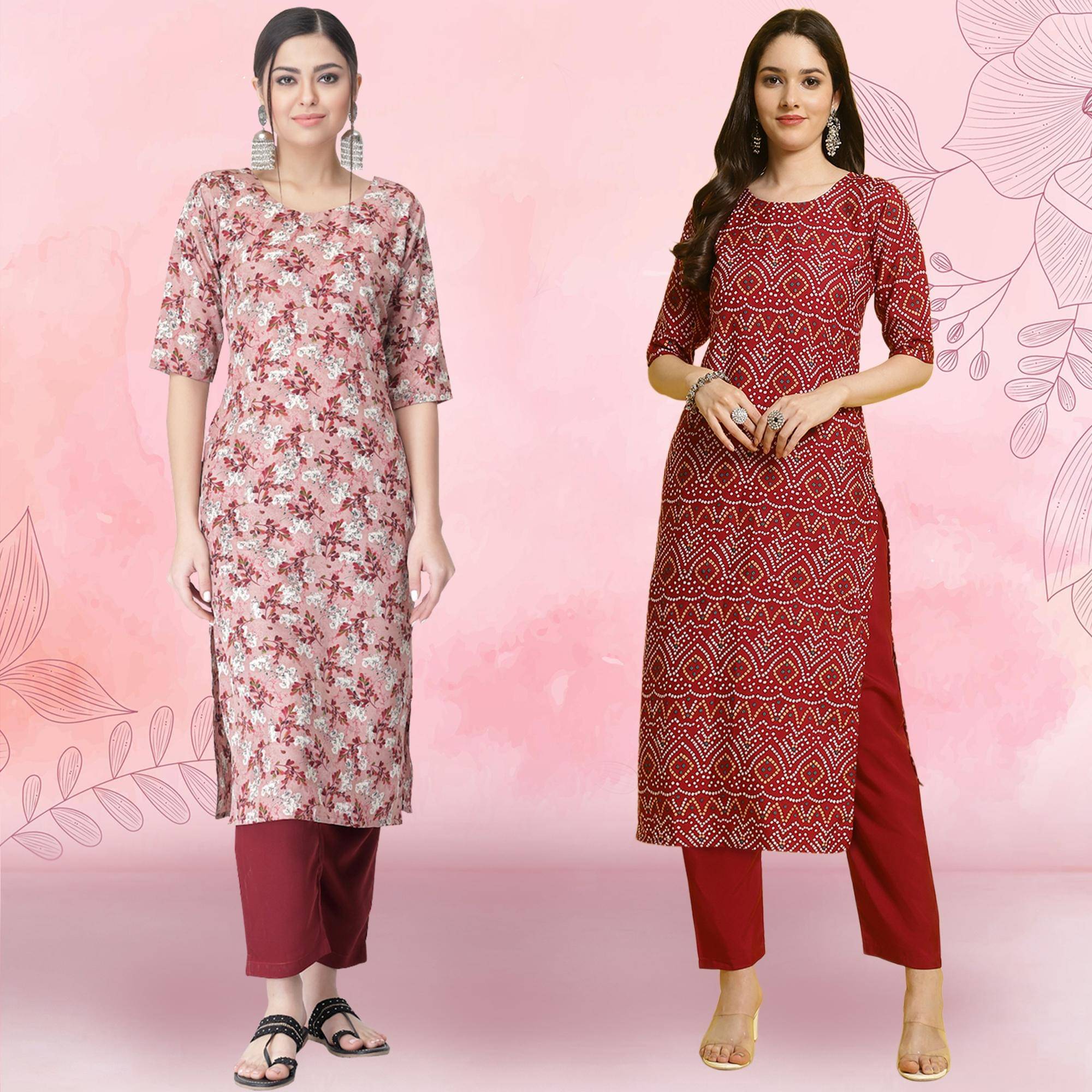     			Ethnicbasket Crepe Printed Kurti With Pants Women's Stitched Salwar Suit - Maroon ( Pack of 2 )