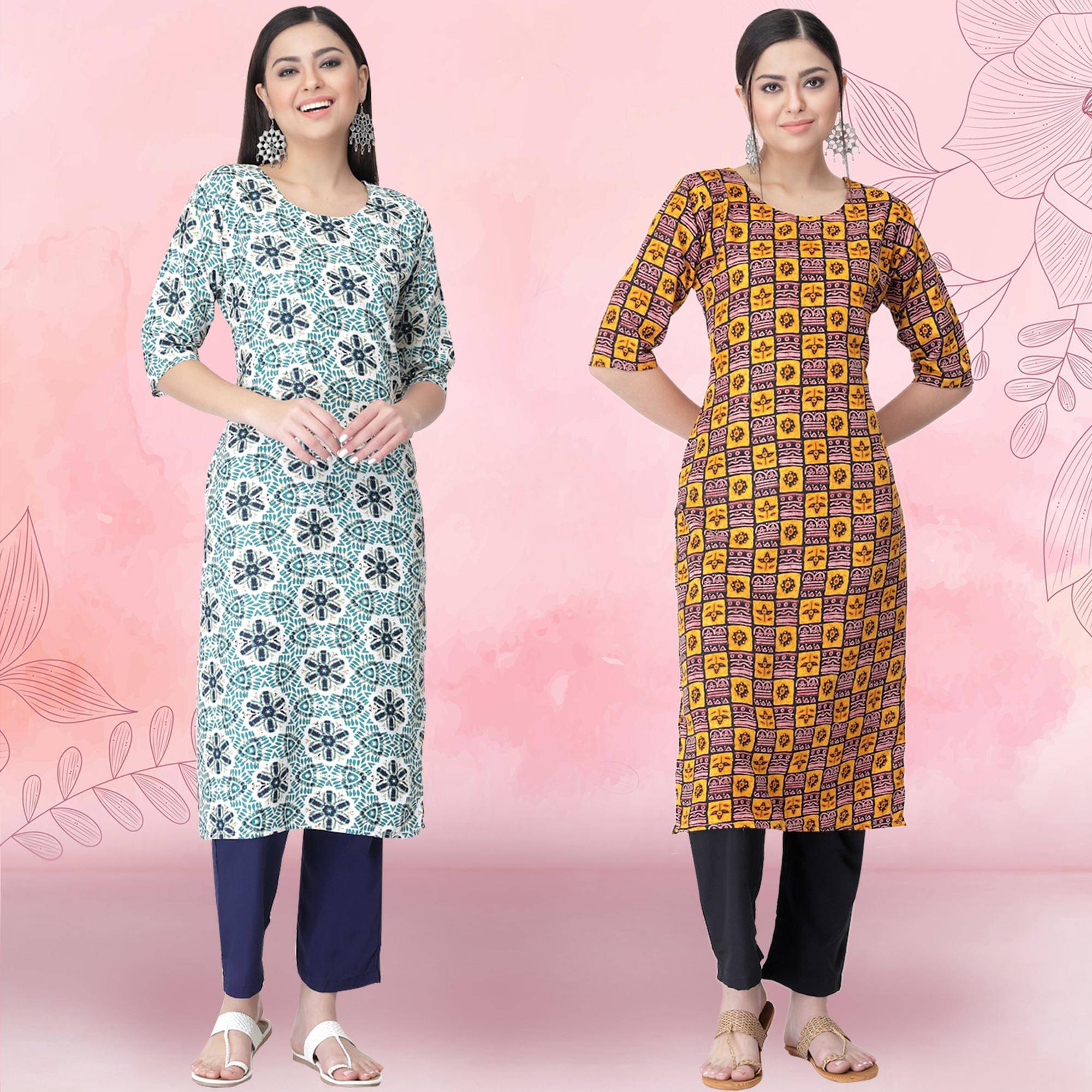 Ethnicbasket Crepe Printed Kurti With Pants Women's Stitched Salwar Suit - Yellow ( Pack of 2 )     			Ethnicbasket Crepe Printed Kurti With Pants Women's Stitched Salwar Suit - Yellow ( Pack of 2 )