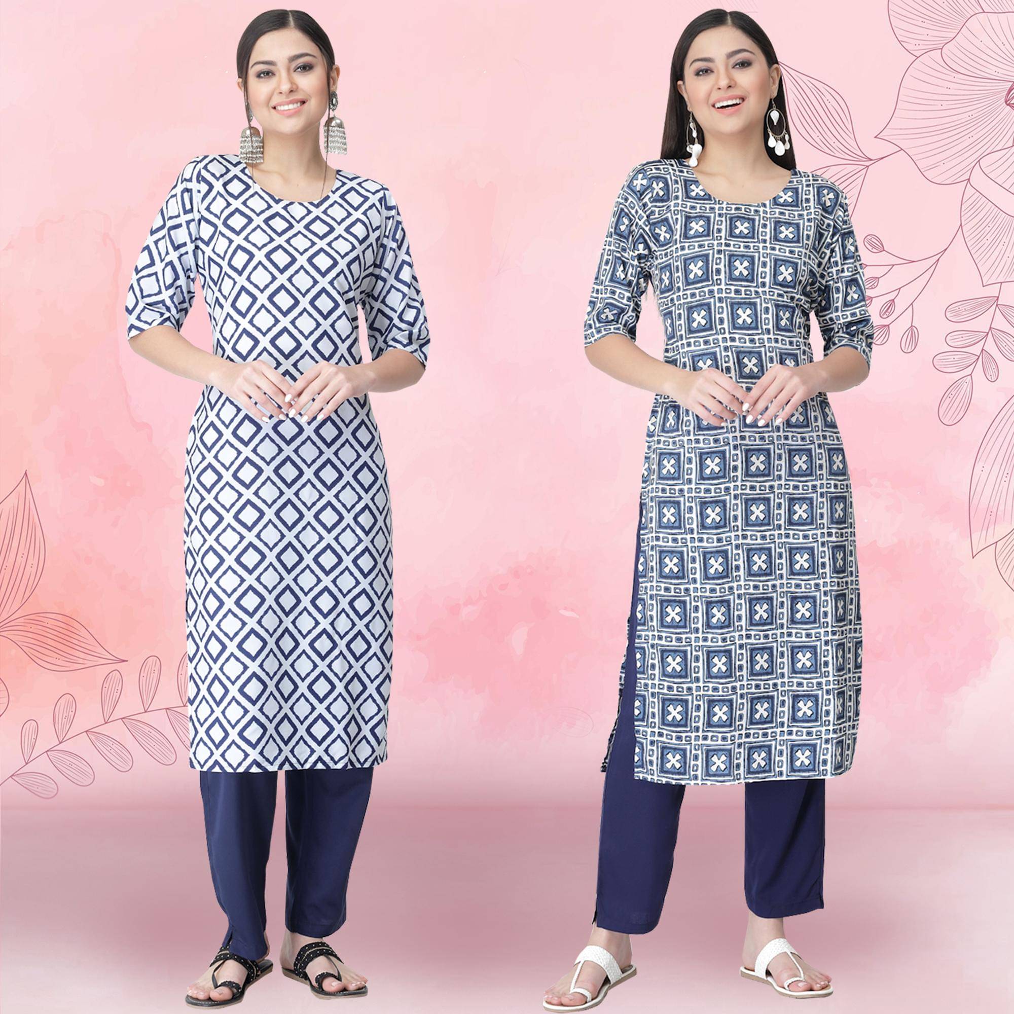     			Ethnicbasket Crepe Printed Kurti With Pants Women's Stitched Salwar Suit - Navy Blue ( Pack of 2 )
