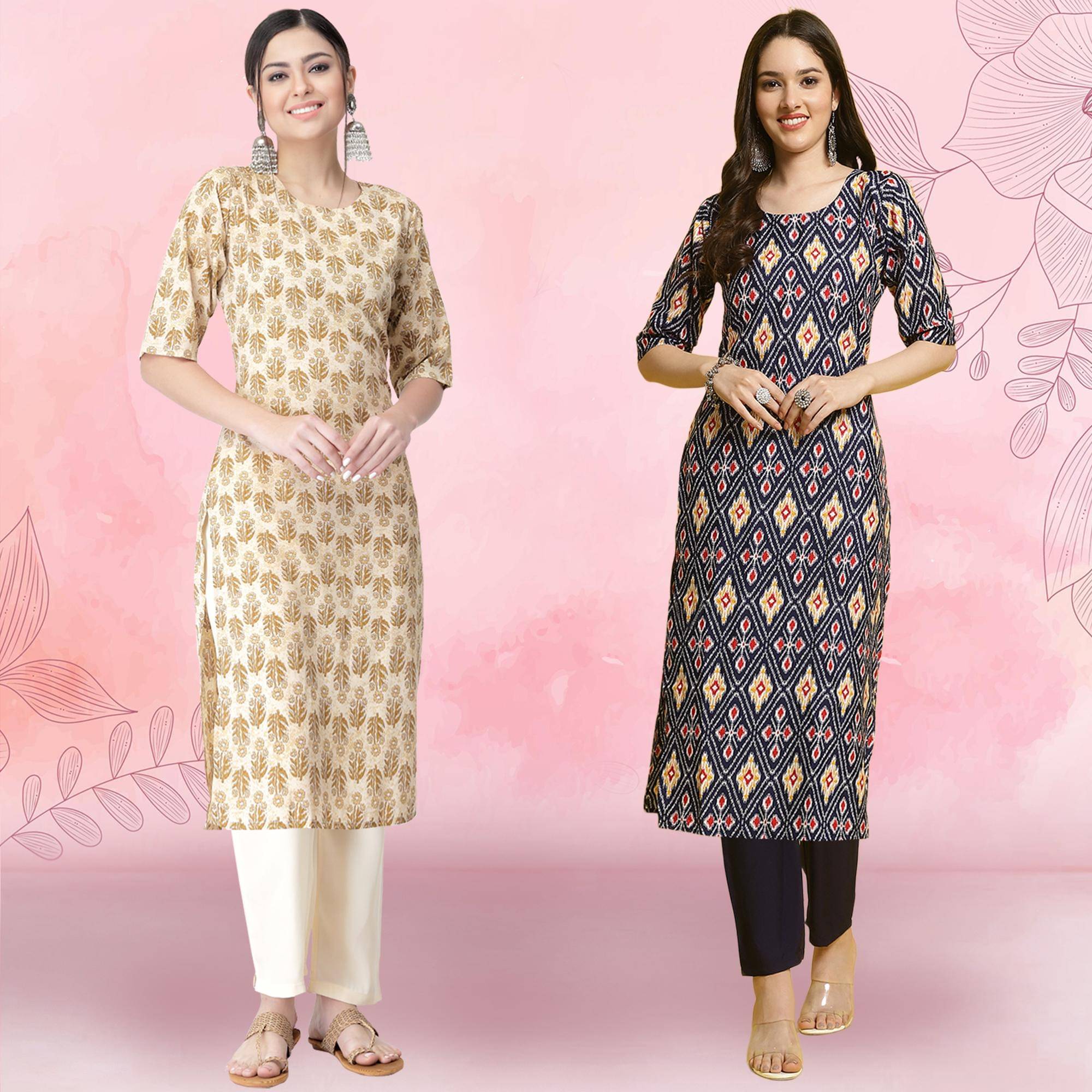 Ethnicbasket Crepe Printed Kurti With Pants Women's Stitched Salwar Suit - Navy Blue ( Pack of 2 ) Ethnicbasket Crepe Printed Kurti With Pants Women's Stitched Salwar Suit - Navy Blue ( Pack of 2 )