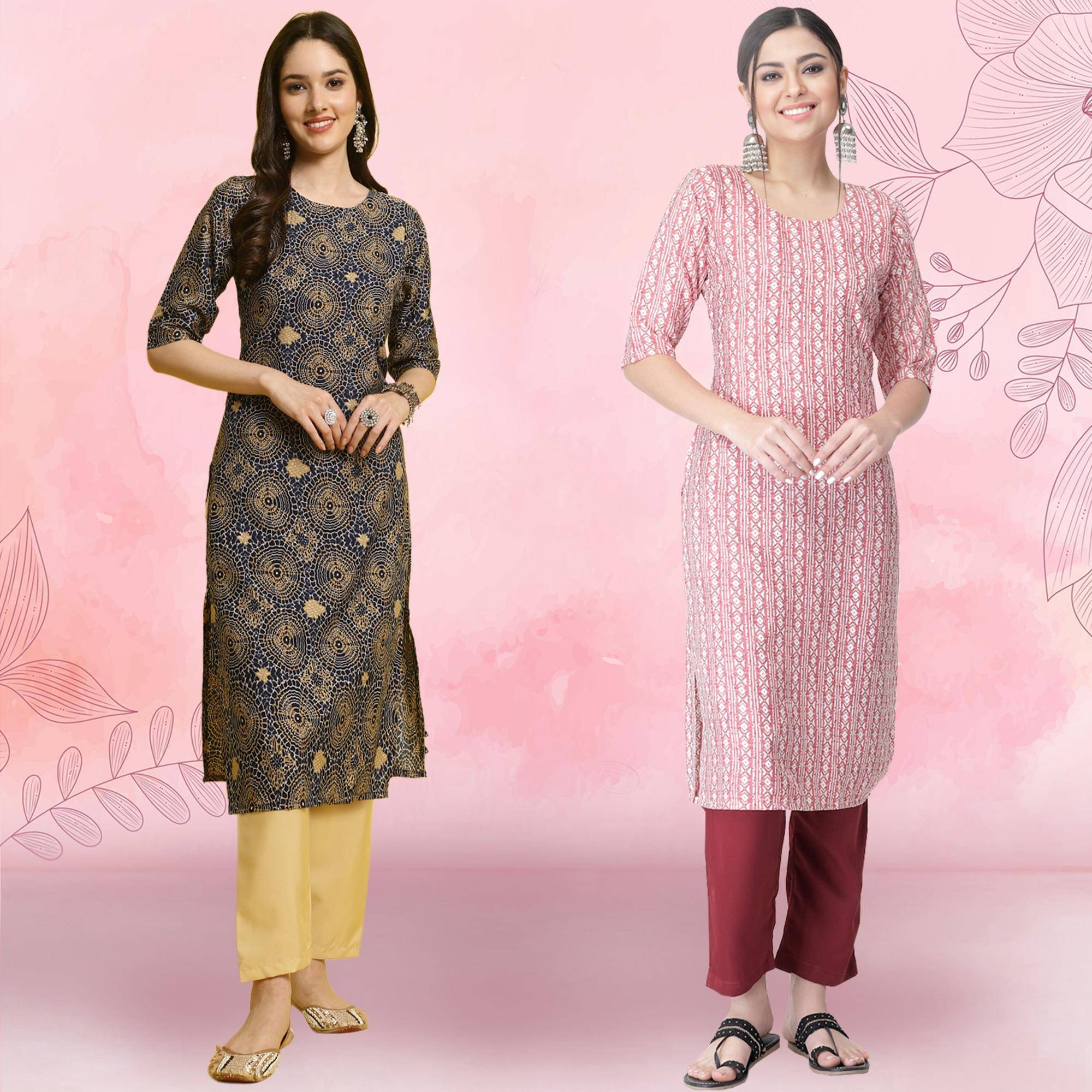     			Ethnicbasket Crepe Printed Kurti With Pants Women's Stitched Salwar Suit - Pink ( Pack of 2 )
