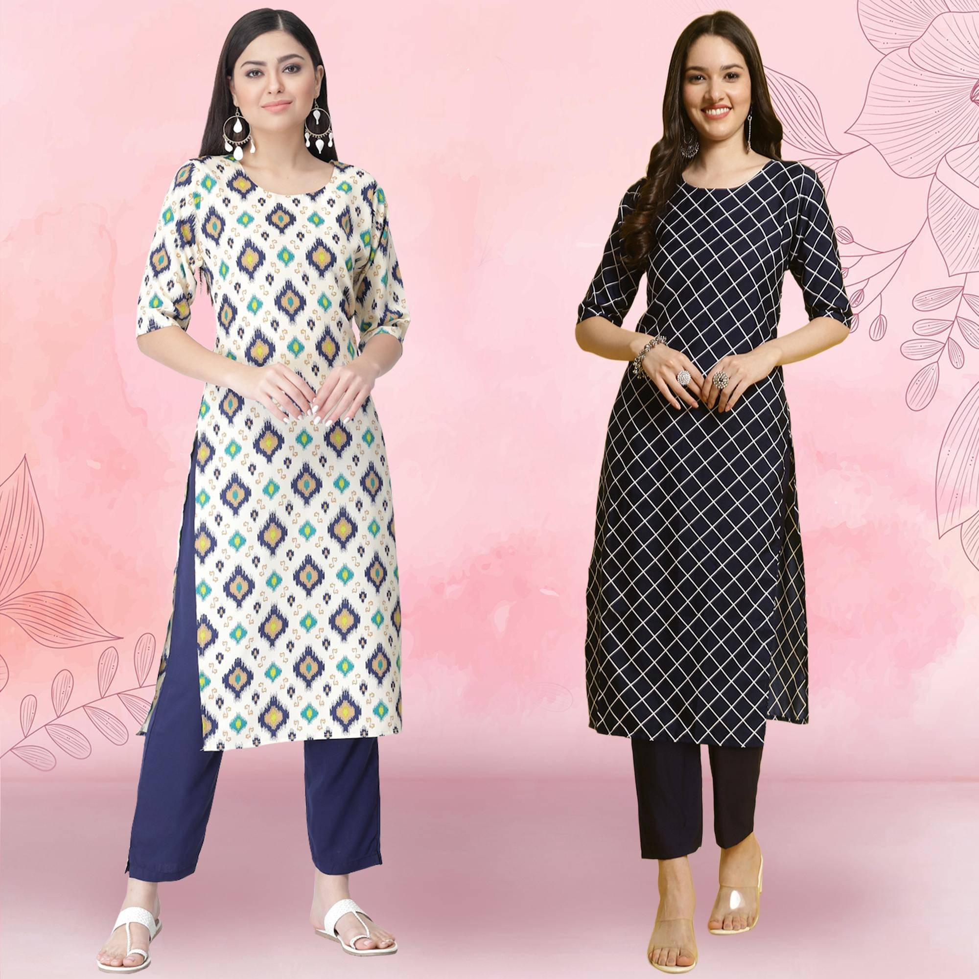     			Ethnicbasket Crepe Printed Kurti With Pants Women's Stitched Salwar Suit - Blue ( Pack of 2 )